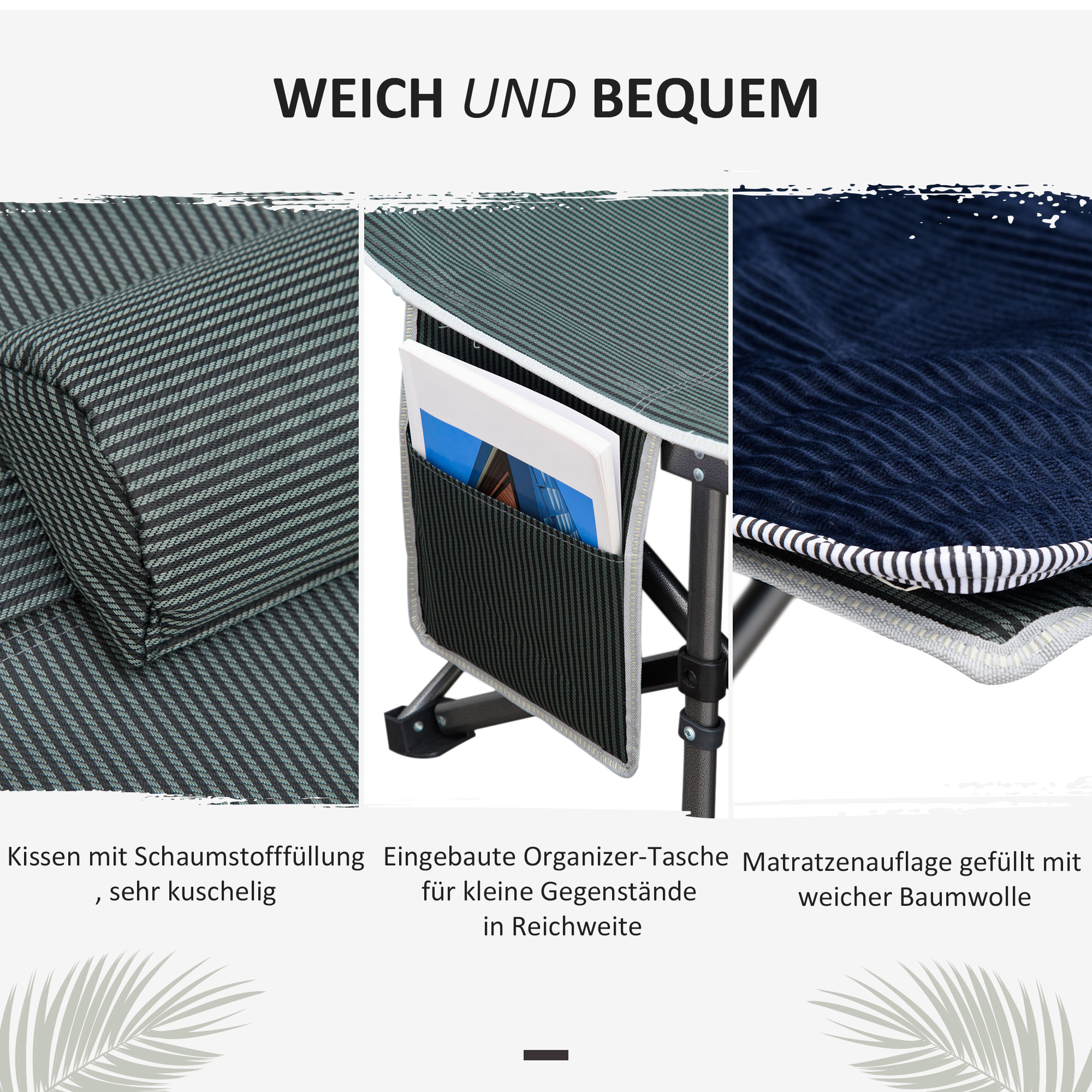Campingbett, klappbares Feldbett mit Kopfkissen, 188 x 64,5 x 53 cm, Dunkelblau+Grau