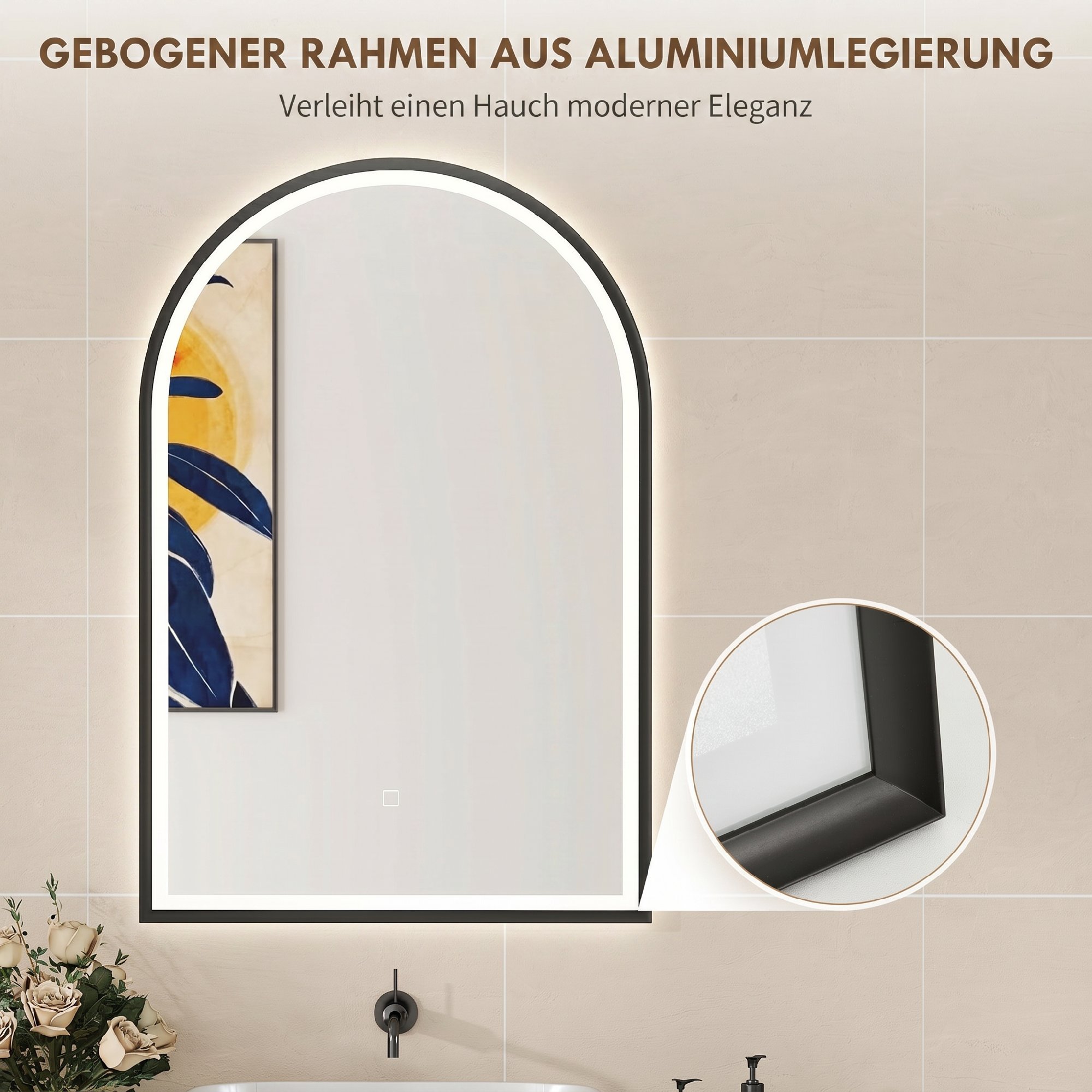 LED Badezimmerspiegel 60 x 90 cm mit Beleuchtung, Front- & Rückbeleuchtung, Memory-Funktion, Touch-Schalter, Schwarz