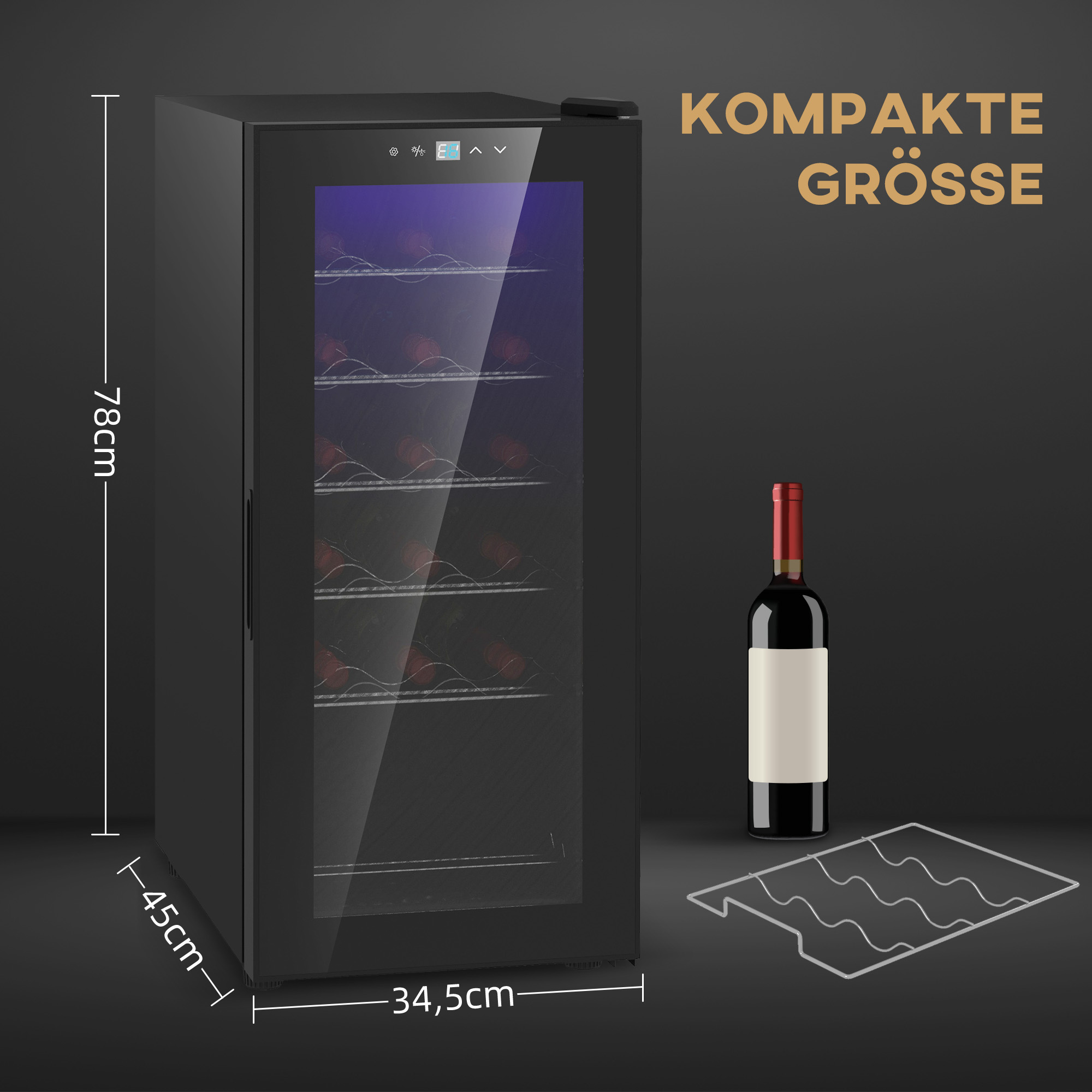 Weinkühlschrank, leise, 5-18°C, Touchscreen, Beleuchtung, 34,5x45x78cm, Schwarz