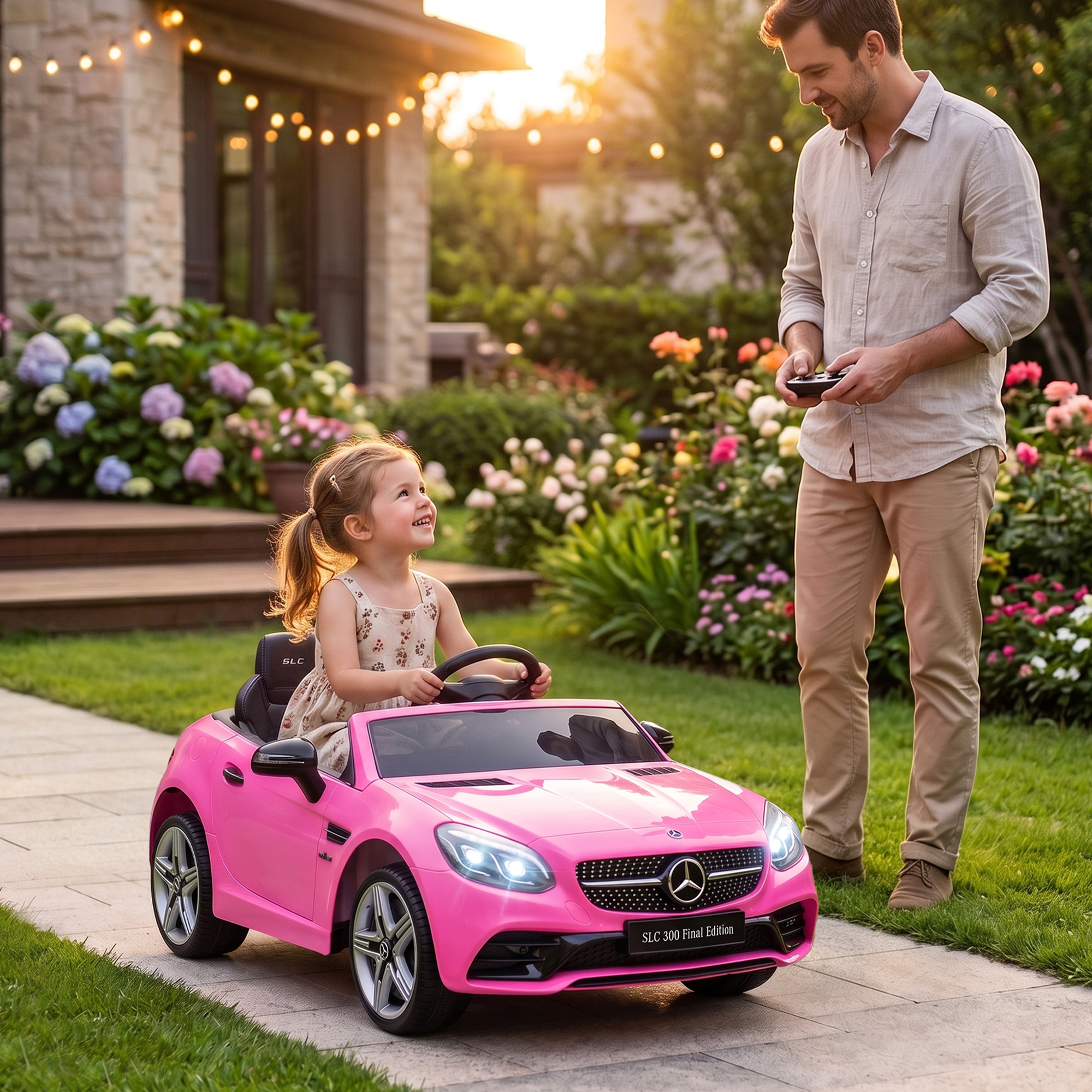 Kinder-Elektroauto, mit LED-Scheinwerfern, Sicherheitsgurt, Hupe, Musik, 3 bis 5 km/h, Rosa, 107 x 62,5 x 44cm