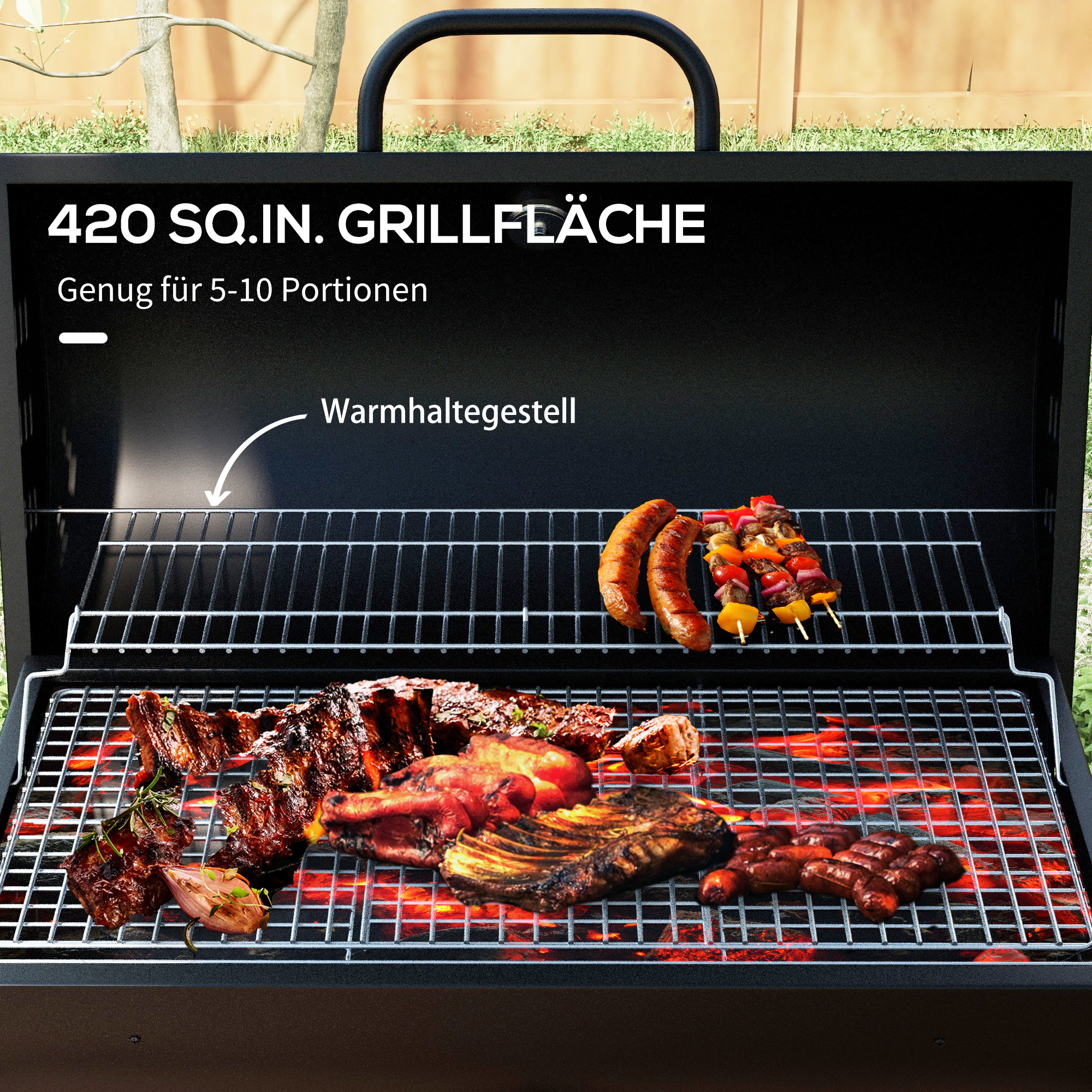 Holzkohlegrill aus Metall BBQ Smoker mit Deckel Thermometer Räder Grillwagen 95x71,5x102 cm Schwarz