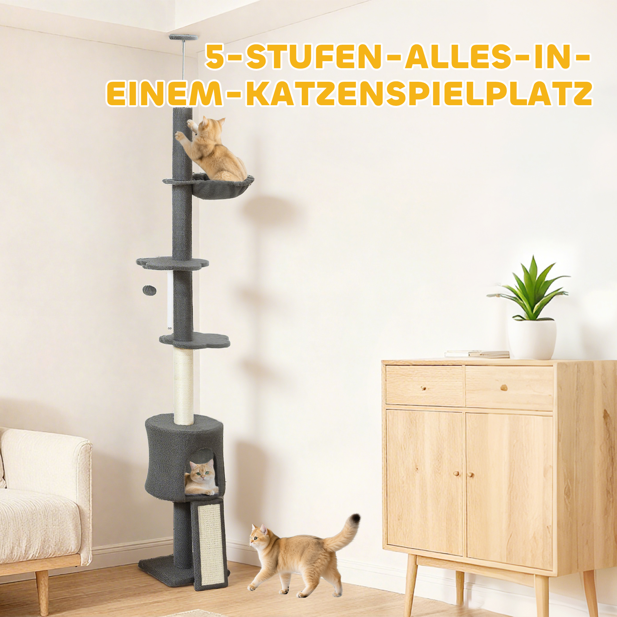 Katzenbaum, Höhle, Hängematte, verstellbare Höhe, Kratzbaum mit Stoffbezug, Grau