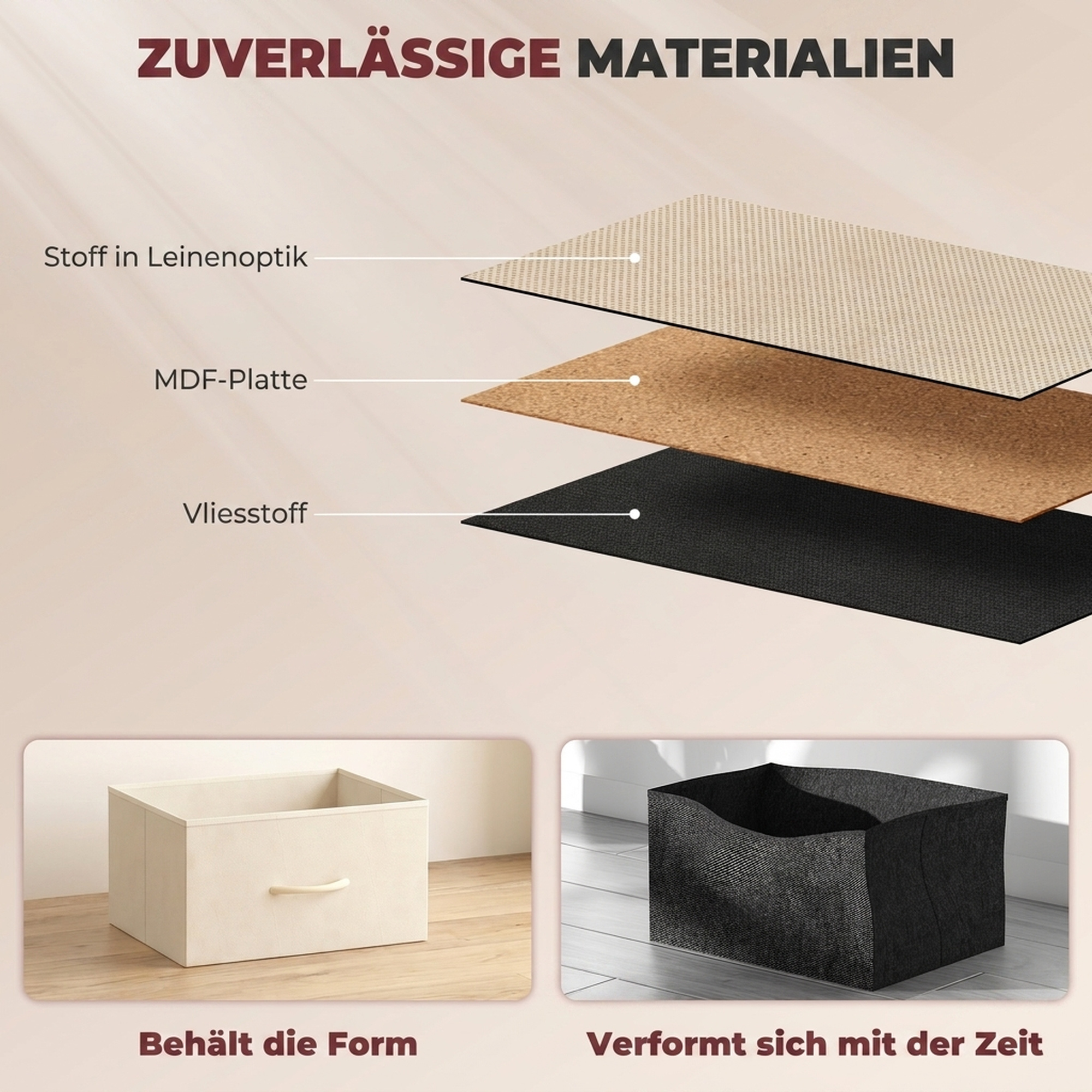 Schlafzimmer-Kommode mit 8 Stoffschubladen, Stahlstreben, Holzoberfläche, 4 Aufbewahrungstaschen, 2 Haken, Beige