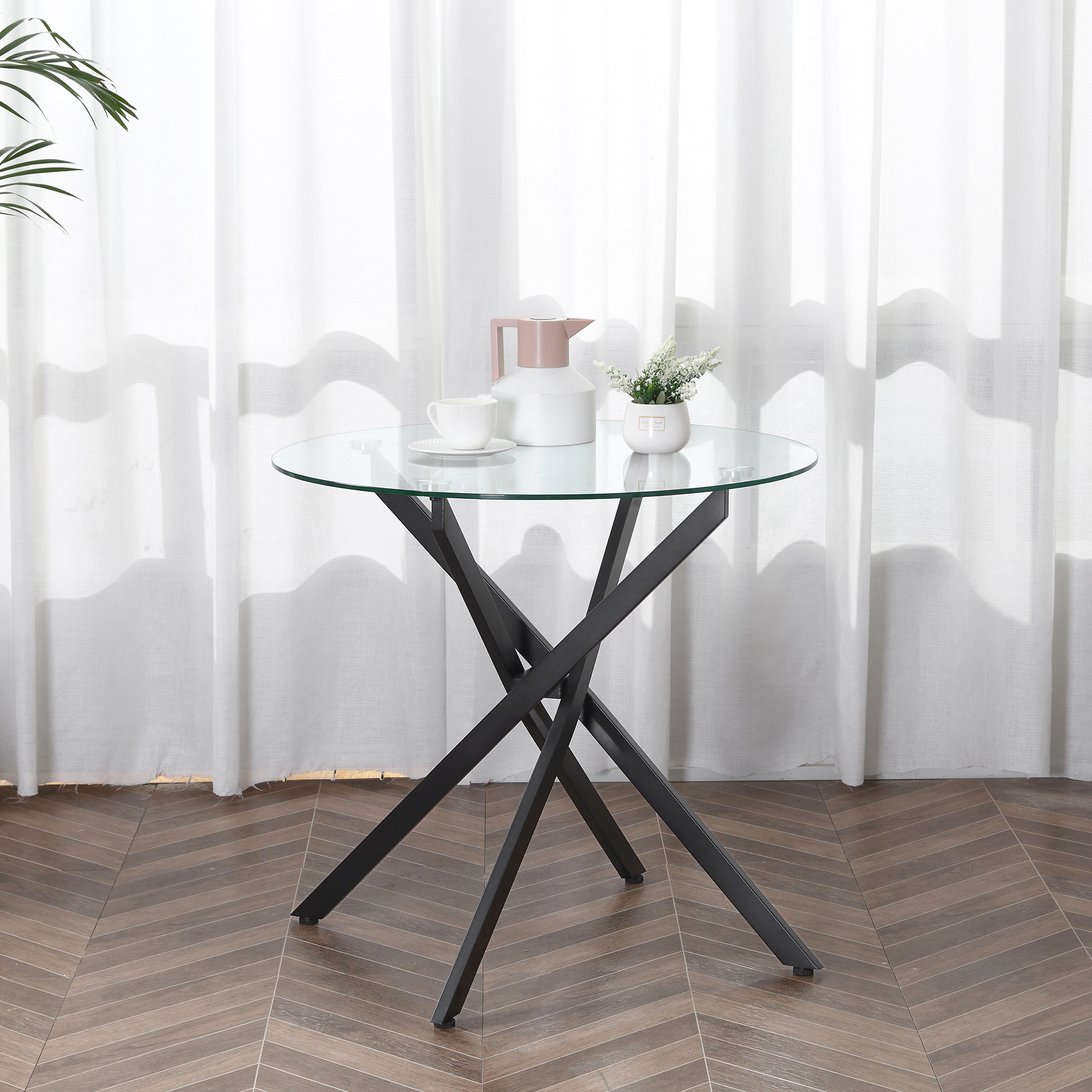 Moderner Glas-Esstisch, 80 cm Durchmesser, Küchentisch mit gehärteter Glasplatte und Metallbeinen, für 4 Personen