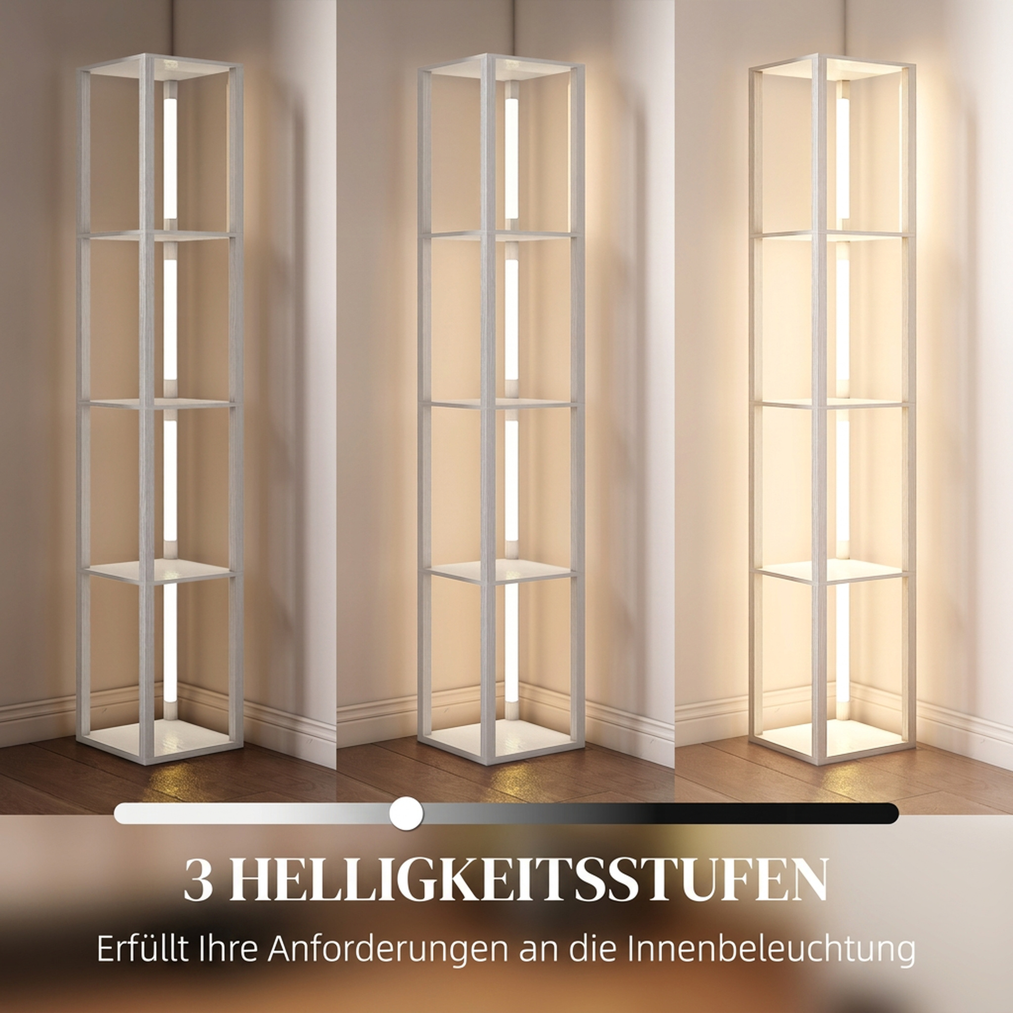 LED-Stehlampe mit Regalen, moderne dimmbare Standleuchte mit 3 Helligkeitsstufen und Fußschalter, Weiß