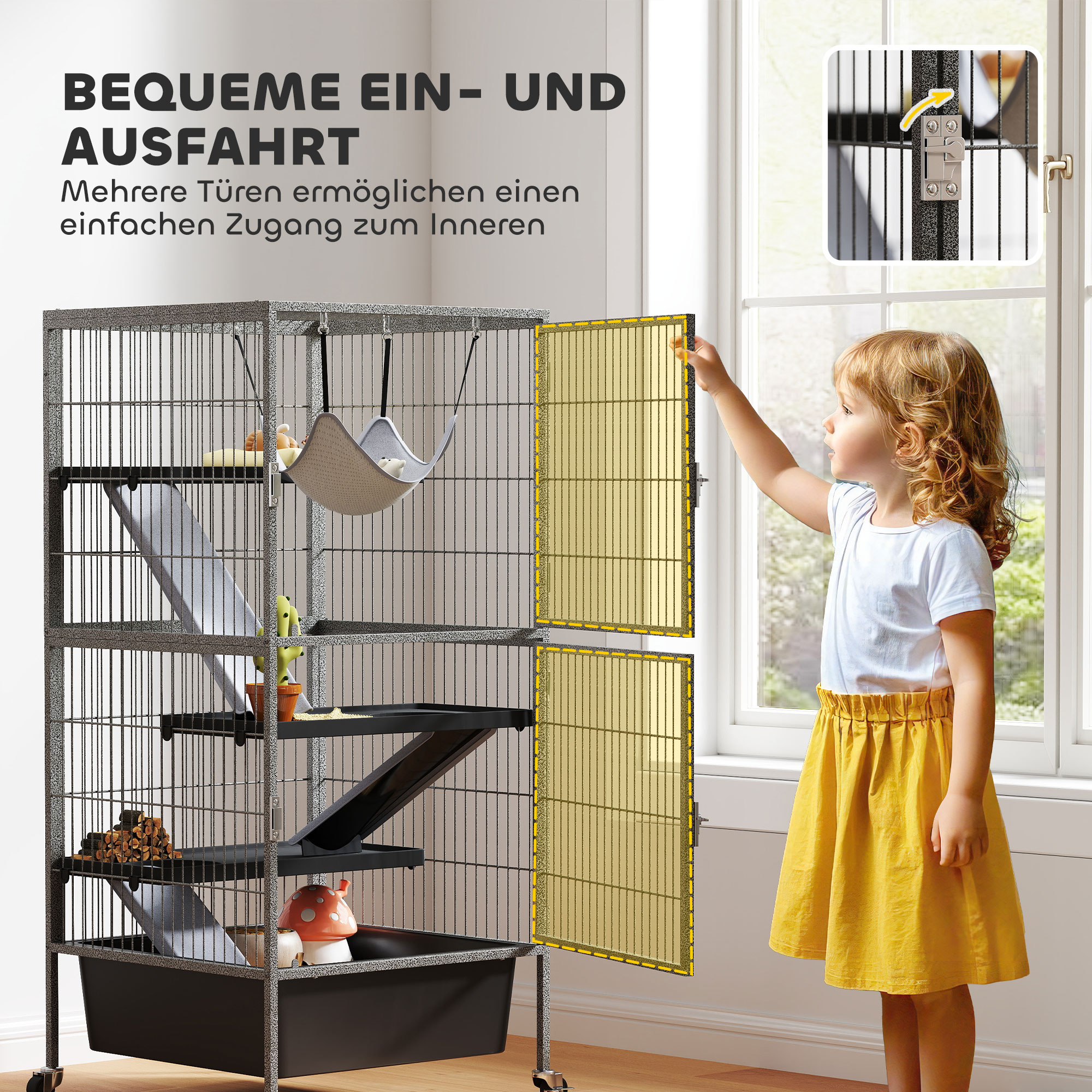 Kleintierkäfig 4-stöckiger Nagerkäfig mit ausziehbarem Tablett Rampen Hängematte Rollen Plattformen 52x52x115 cm Grau