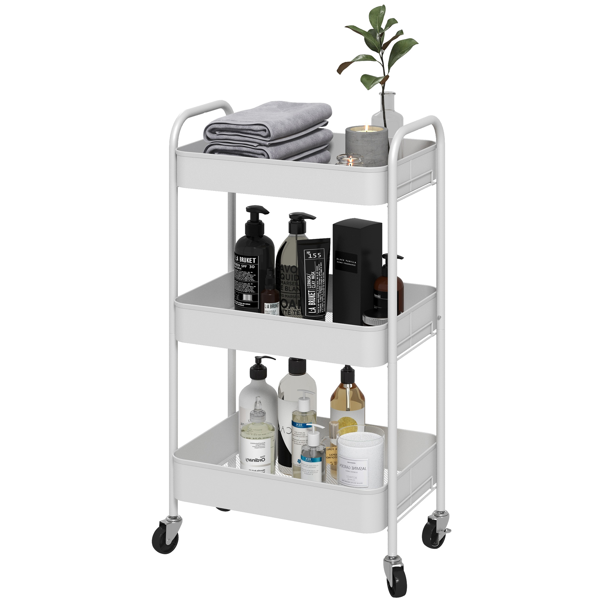 Mehrzweckwagen Rollwagen Küchenwagen, 3 Regale, 4 Rollen, 45 cm x 30,6 cm x 79 cm, Weiß