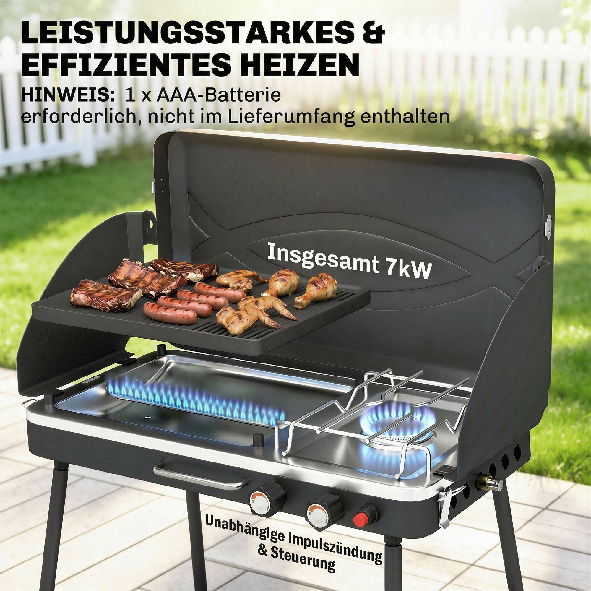 tragbarer Gasgrill 2 Brenner 7 kW 2-in-1 Tischgrill mit Braten klappbar Beinen Grillrost Windschutz Deckel Verschluss
