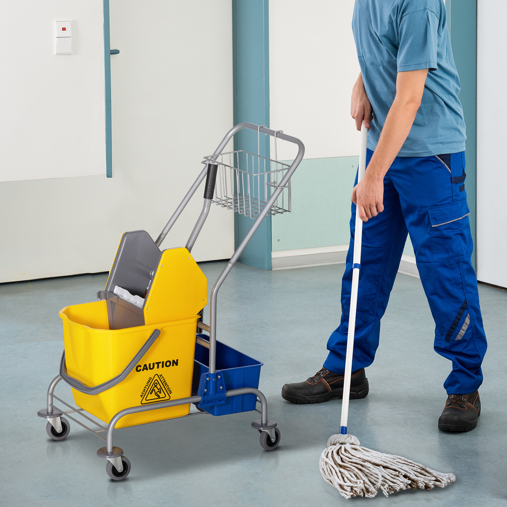 Reinigungswagen, Moppwagen, 25 L Fassungsvermögen, 4 Räder, Kunststoff, Gelb