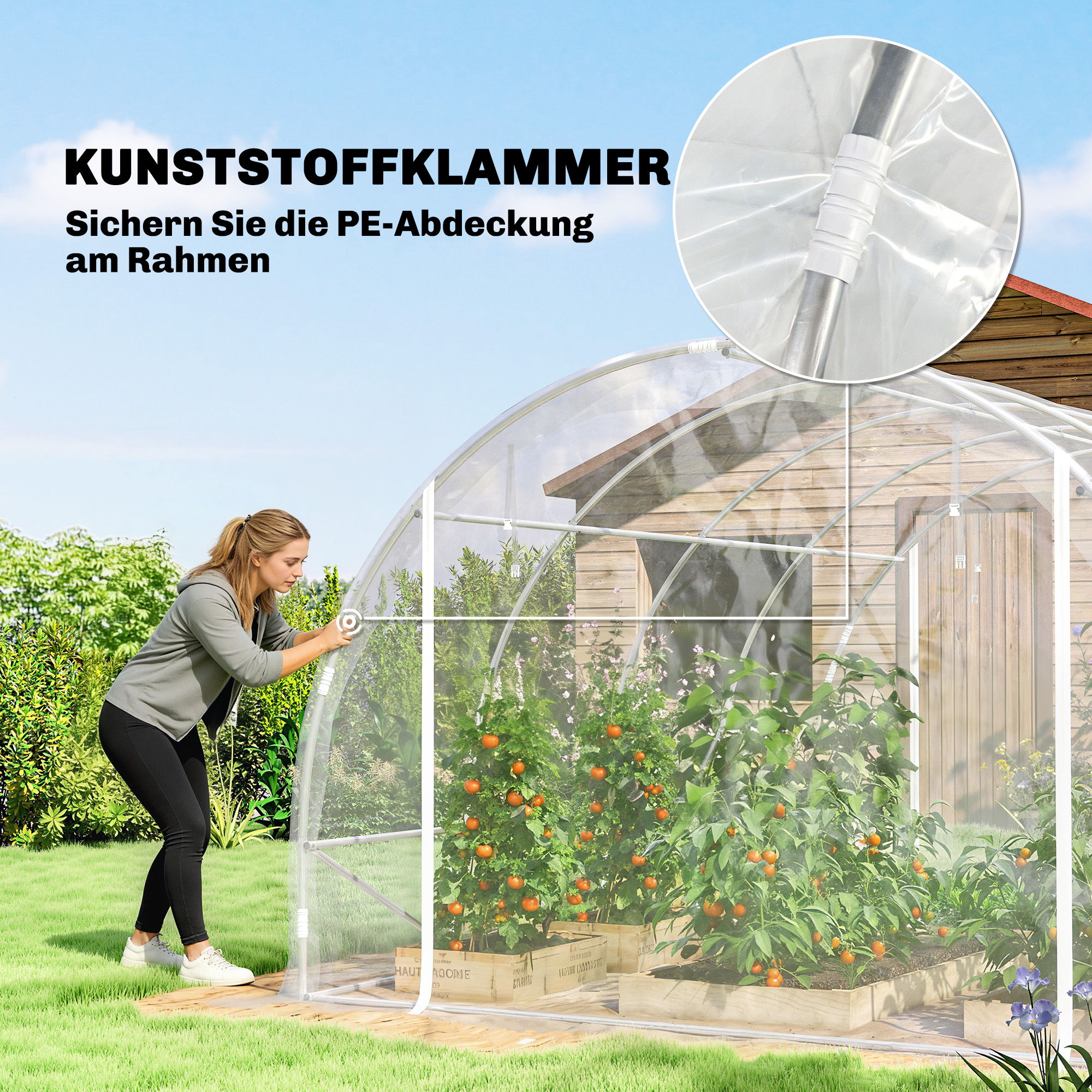 Polytunnel-Gewächshaus, begehbares Gewächshaus mit verzinktem Stahlrahmen und UV-beständiger PE-Abdeckung, transparent