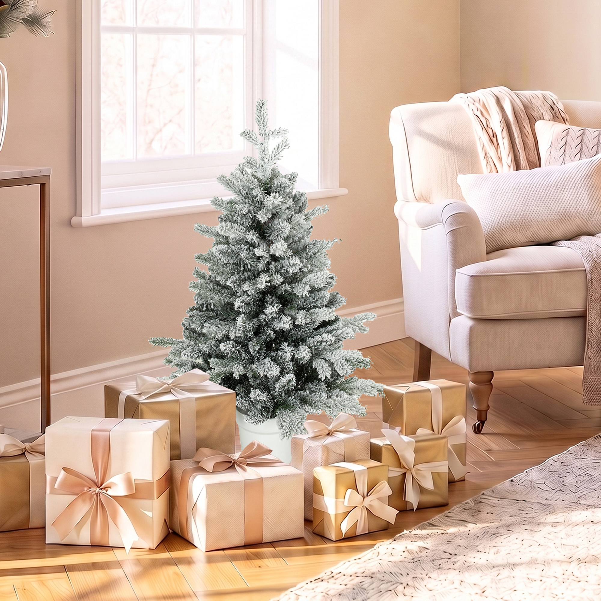 Mini 90 cm Weihnachtsbaum mit 296 Zweigspitzen Schnee-Effekt Topf, Mini-Tischbaum für Zuhause Büro, Weiß
