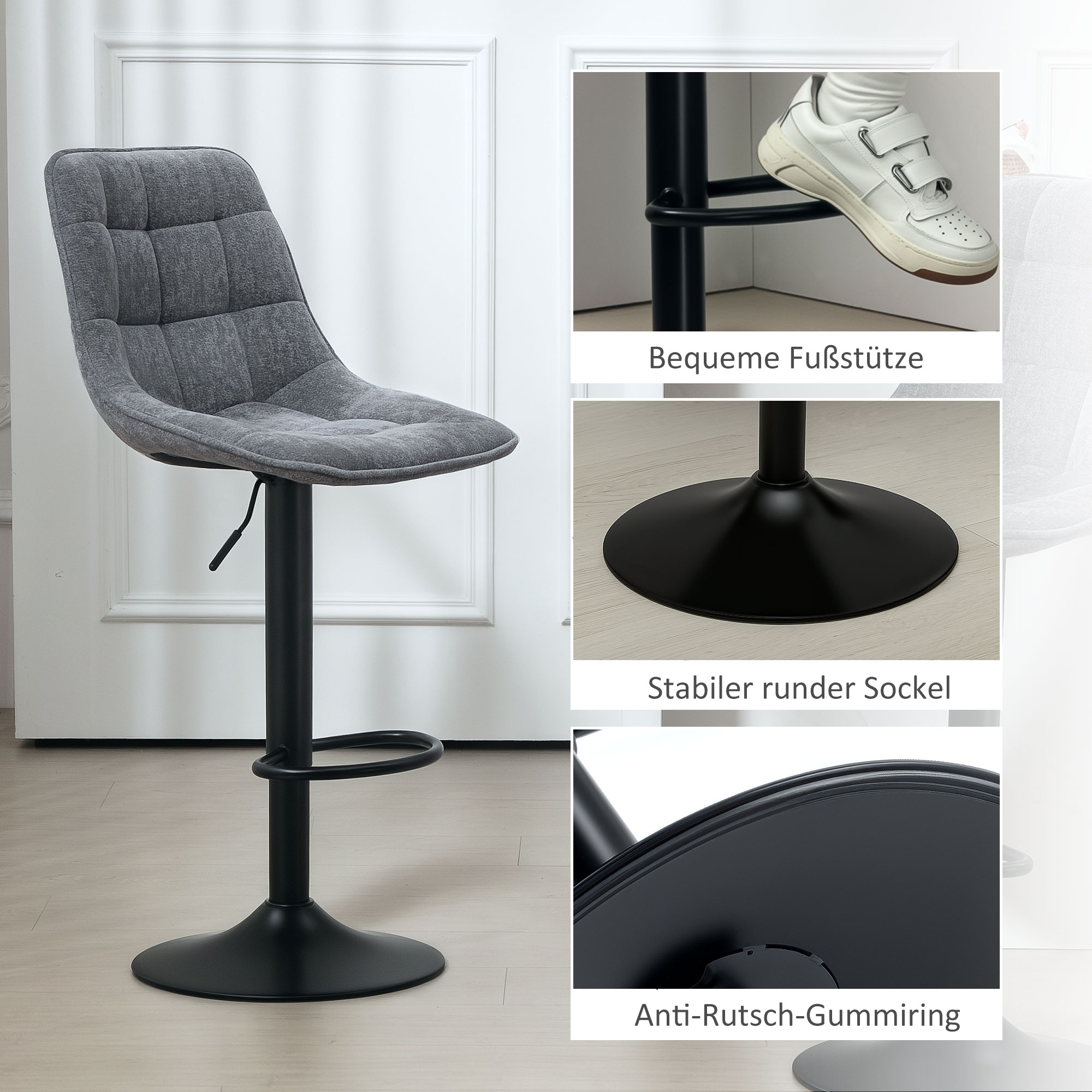 Moderner Barhocker, 2er-Set drehbare Barstühle mit Rückenlehne, höhenverstellbar, mit Fußstütze, gepolstert, Dunkelgrau