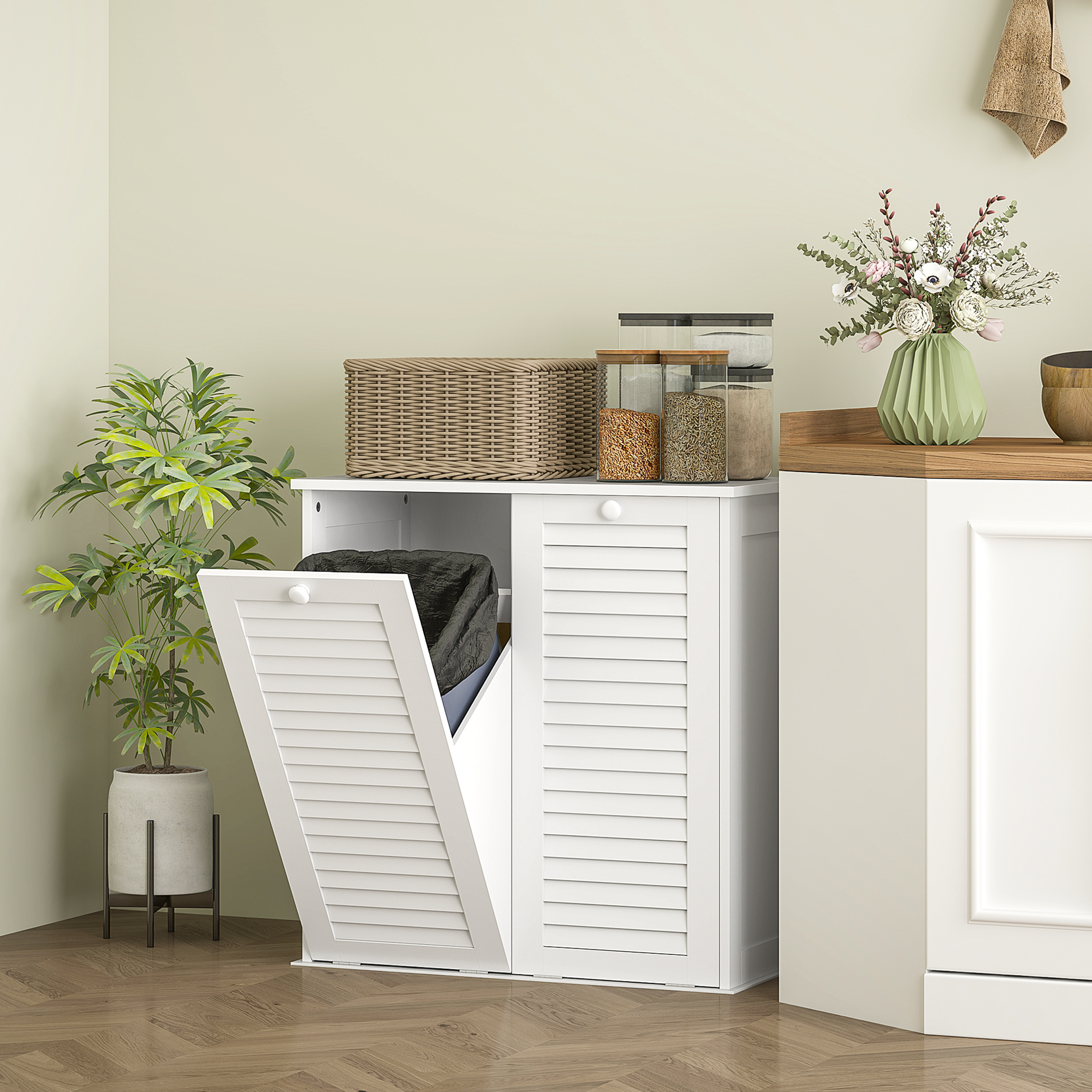 Wäscheschrank, 2 Kippbehälter für Wäsche, 2 Lamellentüren, 70 x 38 x 73 cm, Weiß