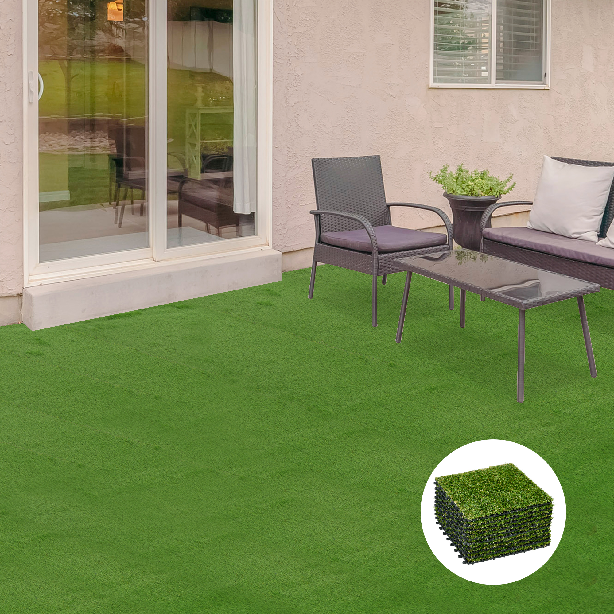 Kunstrasen, naturgetreu, Drainagefunktion, 6,5 K Fasern/m², 25mm Höhe, 10-er Set je 30x30cm, Grün