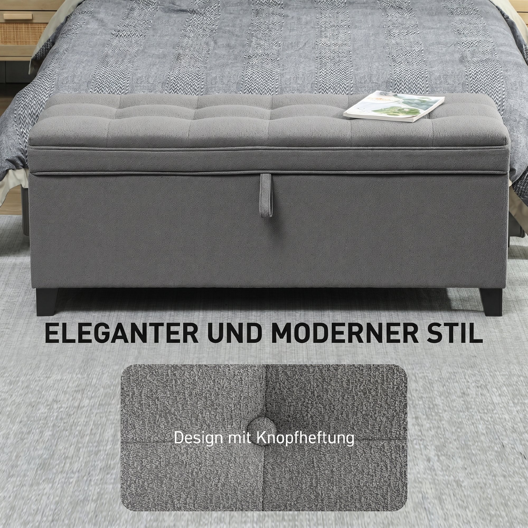 Sitzbank mit Stauraum, Polsterbank 120x40x48 cm mit Sicherheits-Scharniern, Leinenoptik, Dunkelgrau