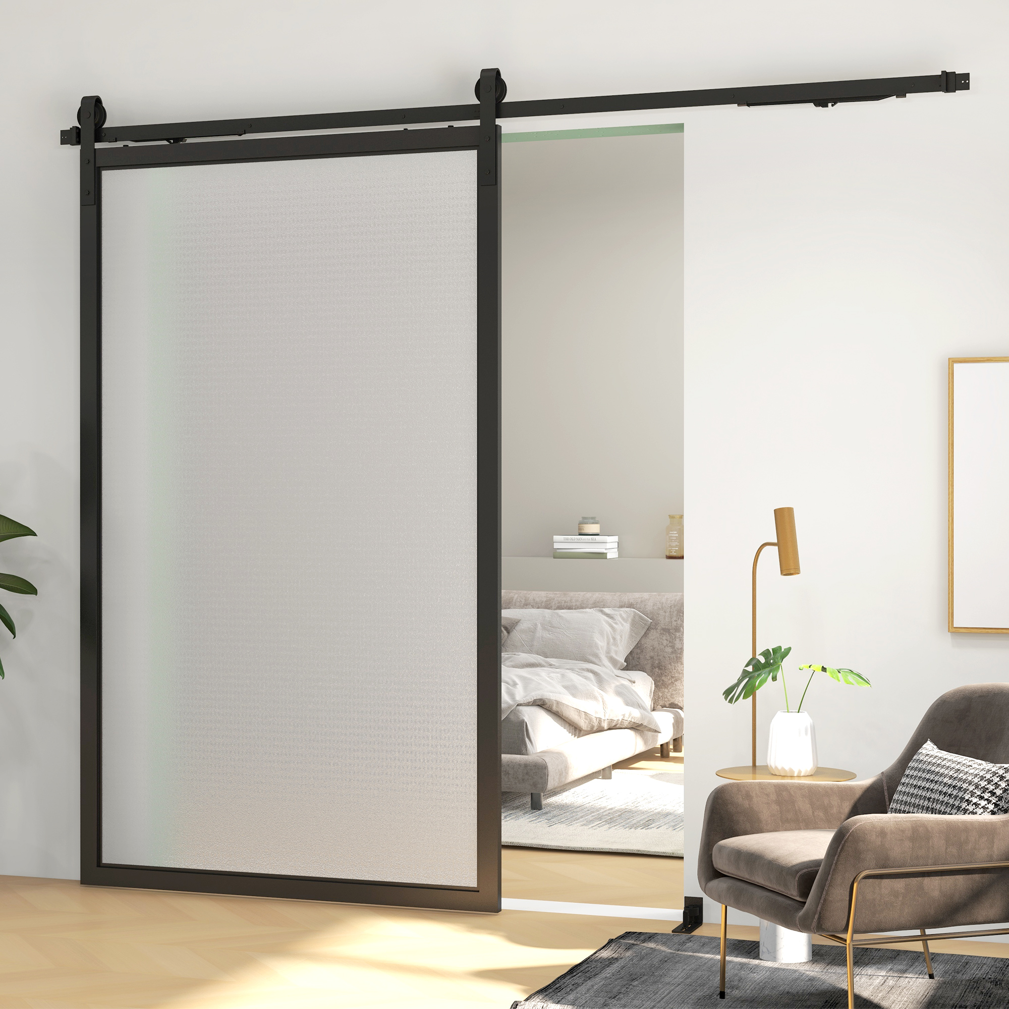Schiebetür-Bausatz, leise & leichtgängig, für Holz- & Zementwände, 244cm, Stahl, Schwarz