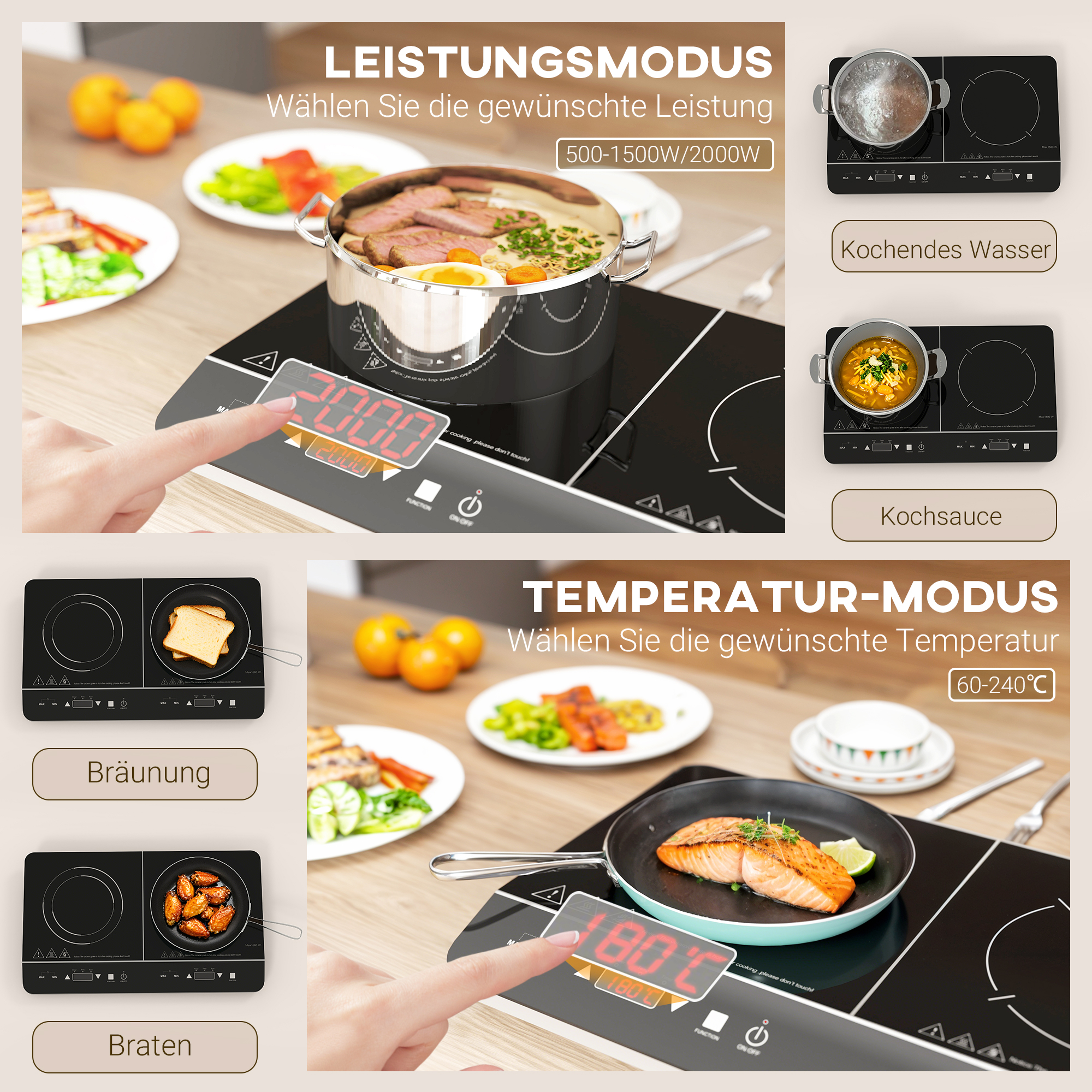 Tragbares Induktionskochfeld, 10-stufige Temperaturregelung, Touchpanel, Schwarz