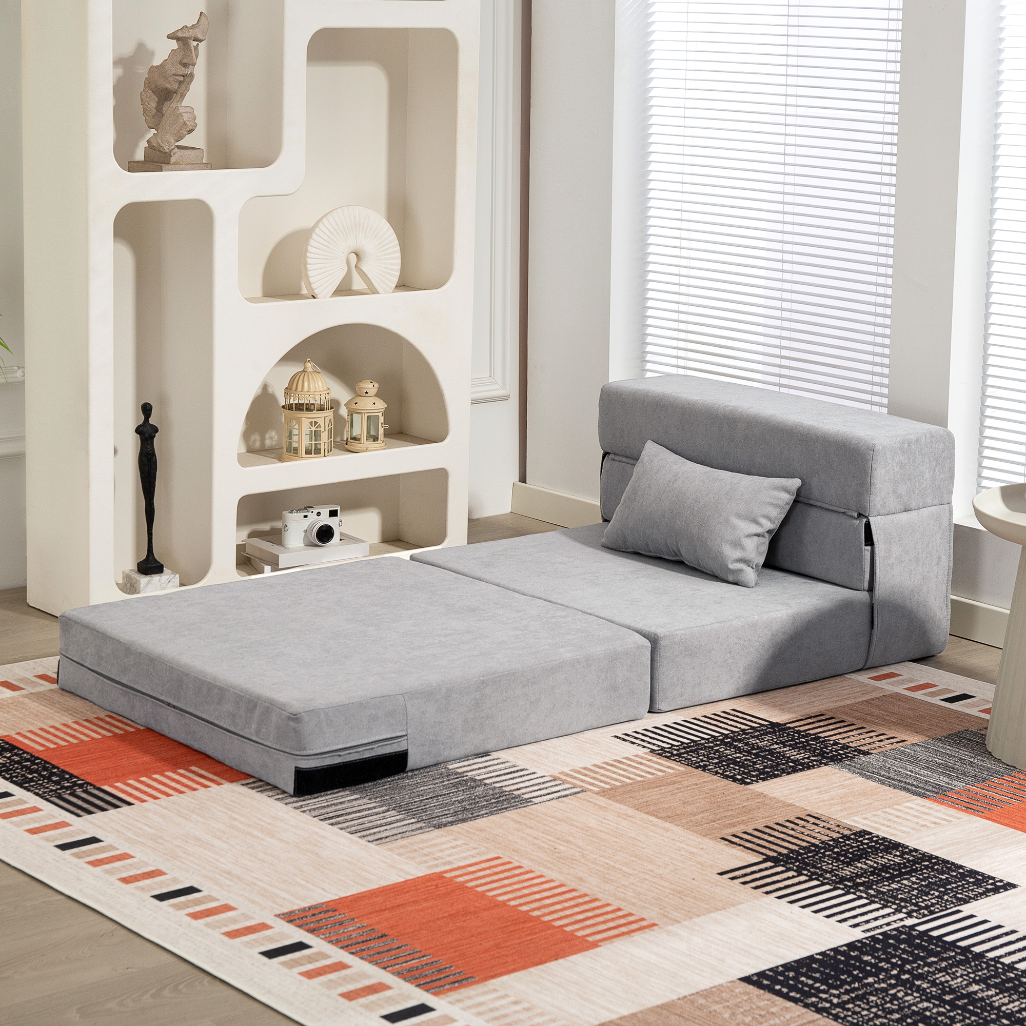 Bodensofa, Polstercouch, in Matratze umwandelbar, Schaumstoff, Kissen, Hellgrau