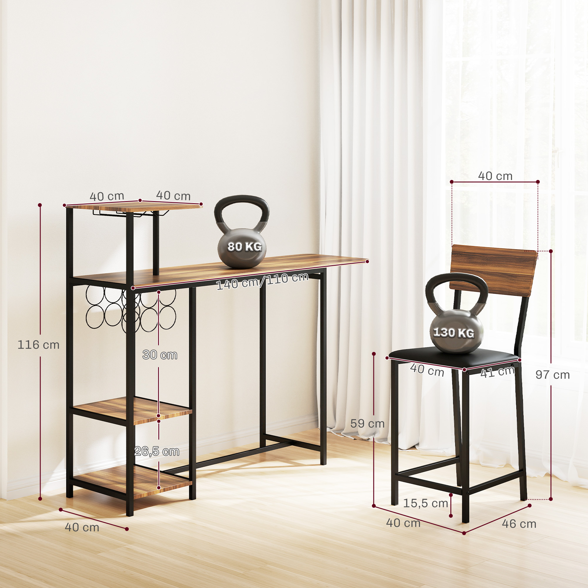 3-teiliges Bartisch-Set, 1 Bartisch, 2 Stühle, mit Weinregal, Glashalter, Offene Regale, Fußstützen, Braun