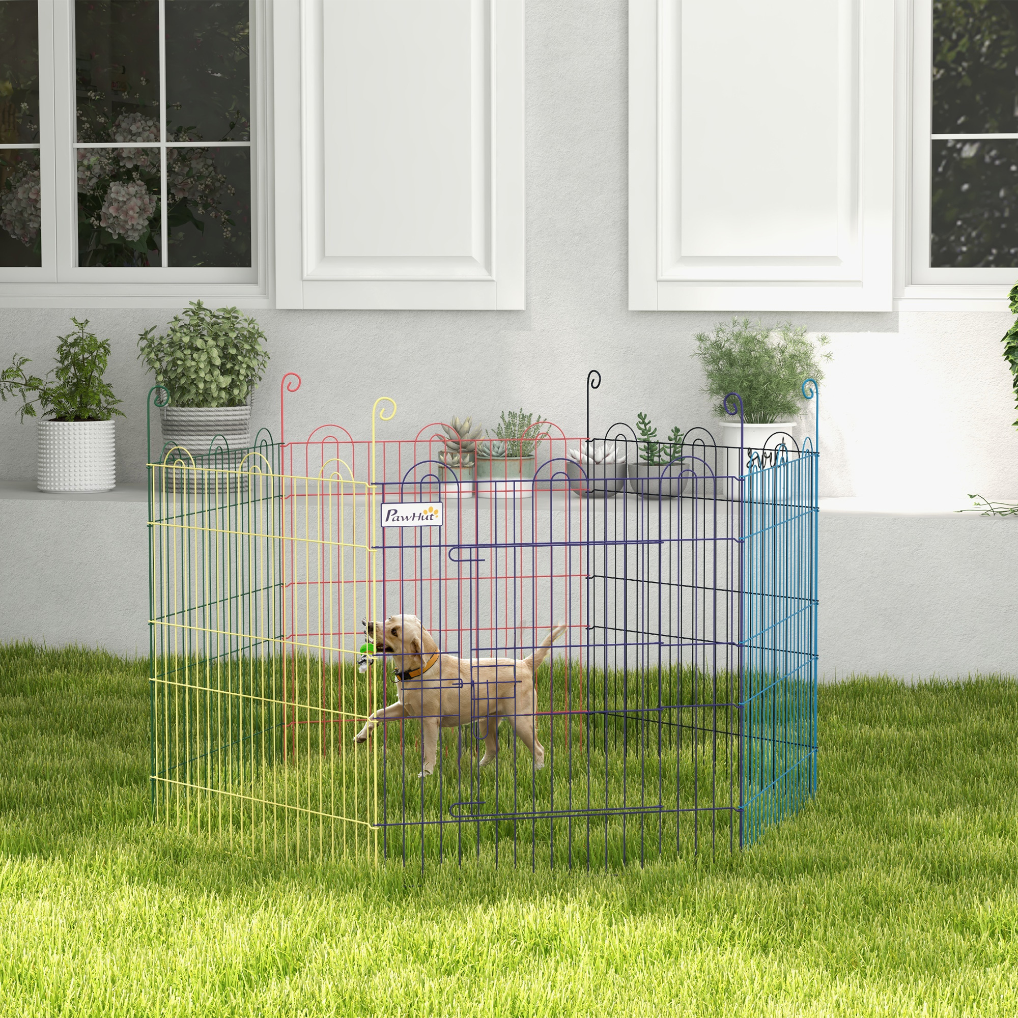 Freilaufgehege, Welpenauslauf, modulares Design, verriegelbar, Metall, Ø120x60H cm, Bunt