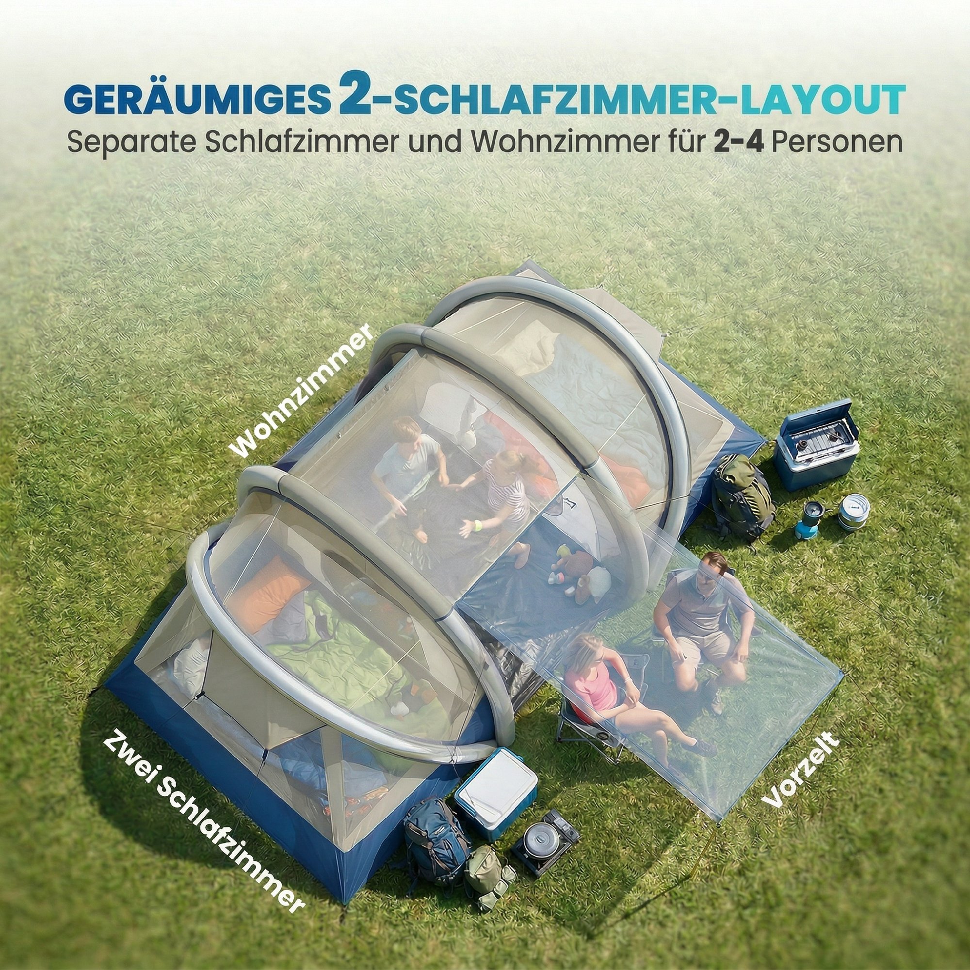 aufblasbares Zelt 4 Personen Schneller Aufbau Outdoor Camping Zelt mit 2 Schlafzimmer Mesh Fenster Vordach