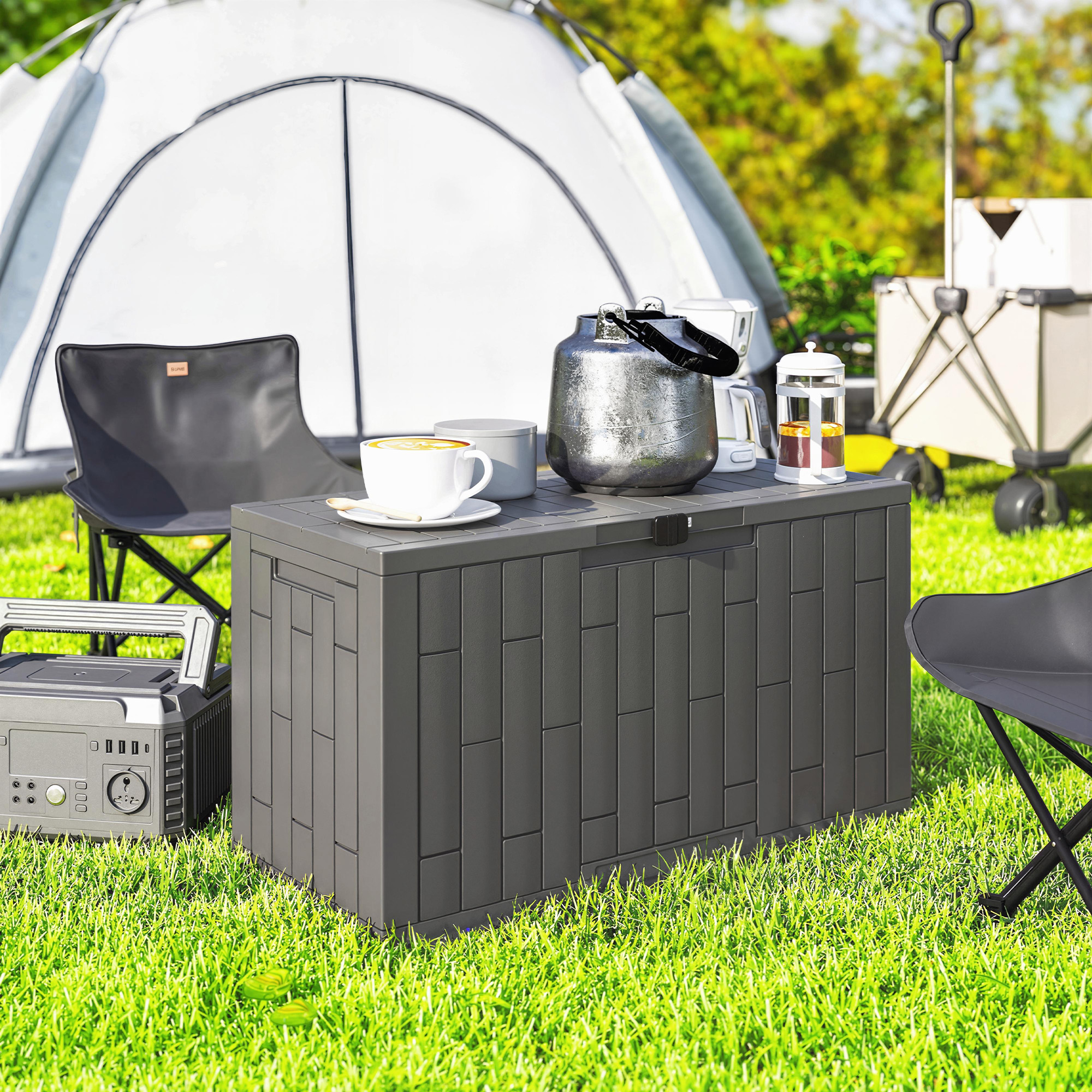 Gartenbox 227 Liter Wasserdicht Abschließbar UV-beständig Auflagenbox mit Holzoptik für Garten 106,5x43x54,5cm Grau