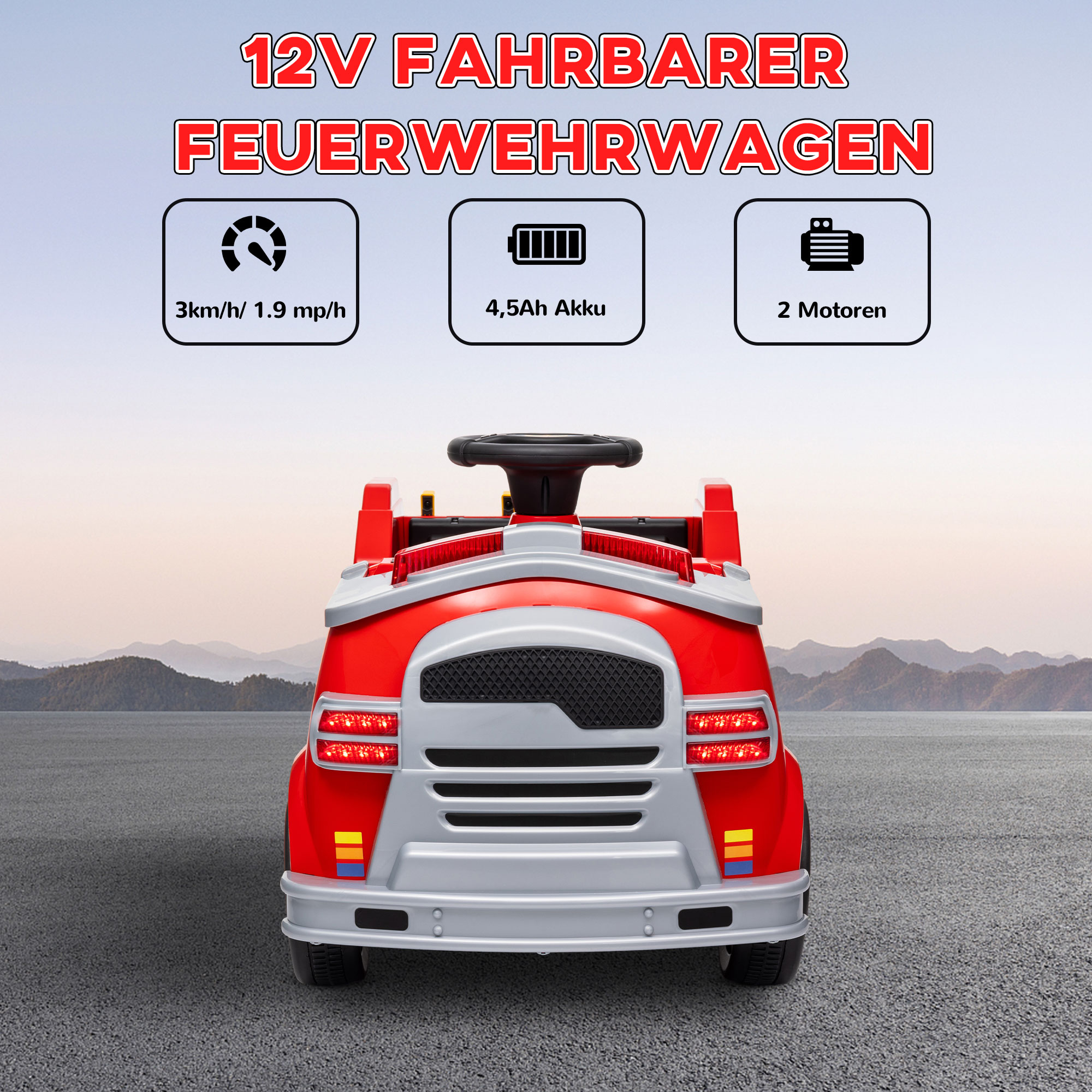 Feuerwehrauto, Elektro-Kinderauto, max. 3 km/h, Sirene, Blaulicht, Werkzeuge, für Kinder 3-5 Jahre