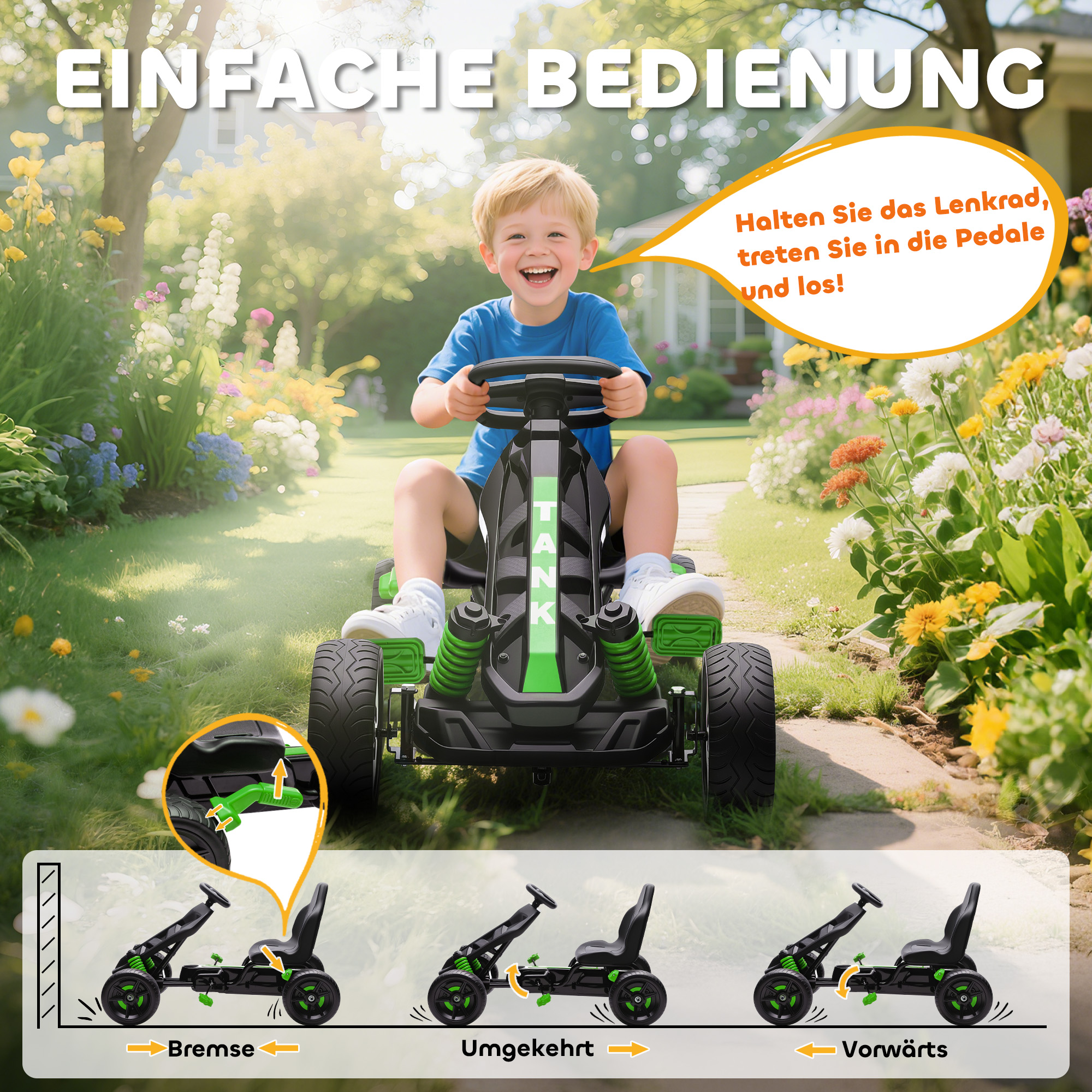 Gokart mit Pedalen, Tretauto für Kinder mit Bremse, rutschfeste Räder, Metallrahmen, 3-6 Jahre, Grün