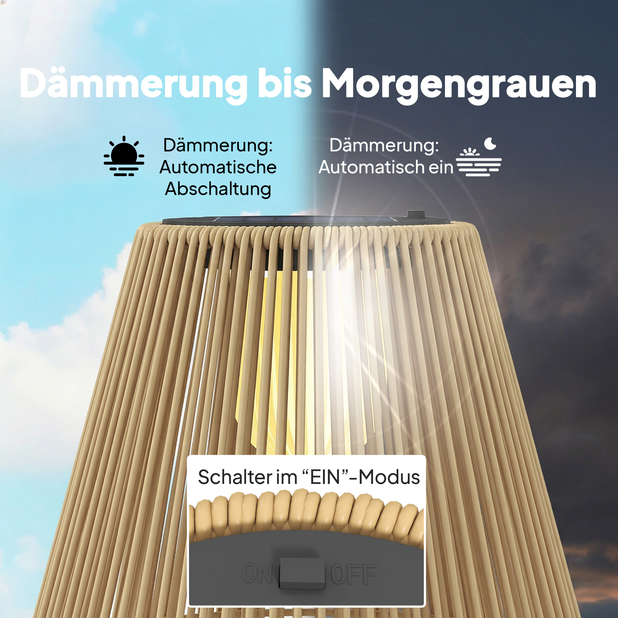 Solar Stehlampe Rattan Solarlampen mit Lichtsensor LED Solarleuchte im Boho-Stil IP44 Wasserdicht