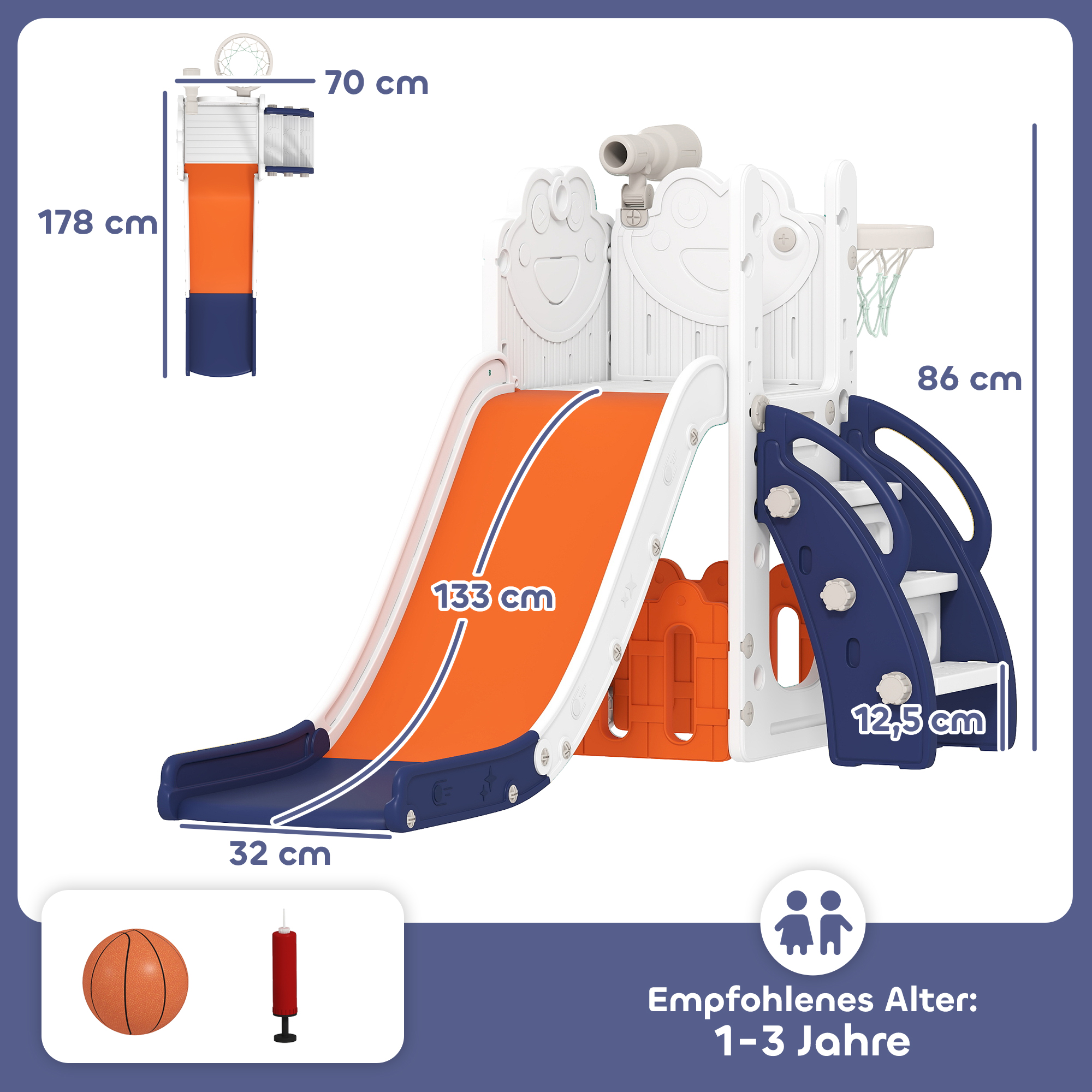 5-in-1 Kinderrutschenset, Teleskop, Basketballkorb, Kunststoff, Orange+Dunkelblau