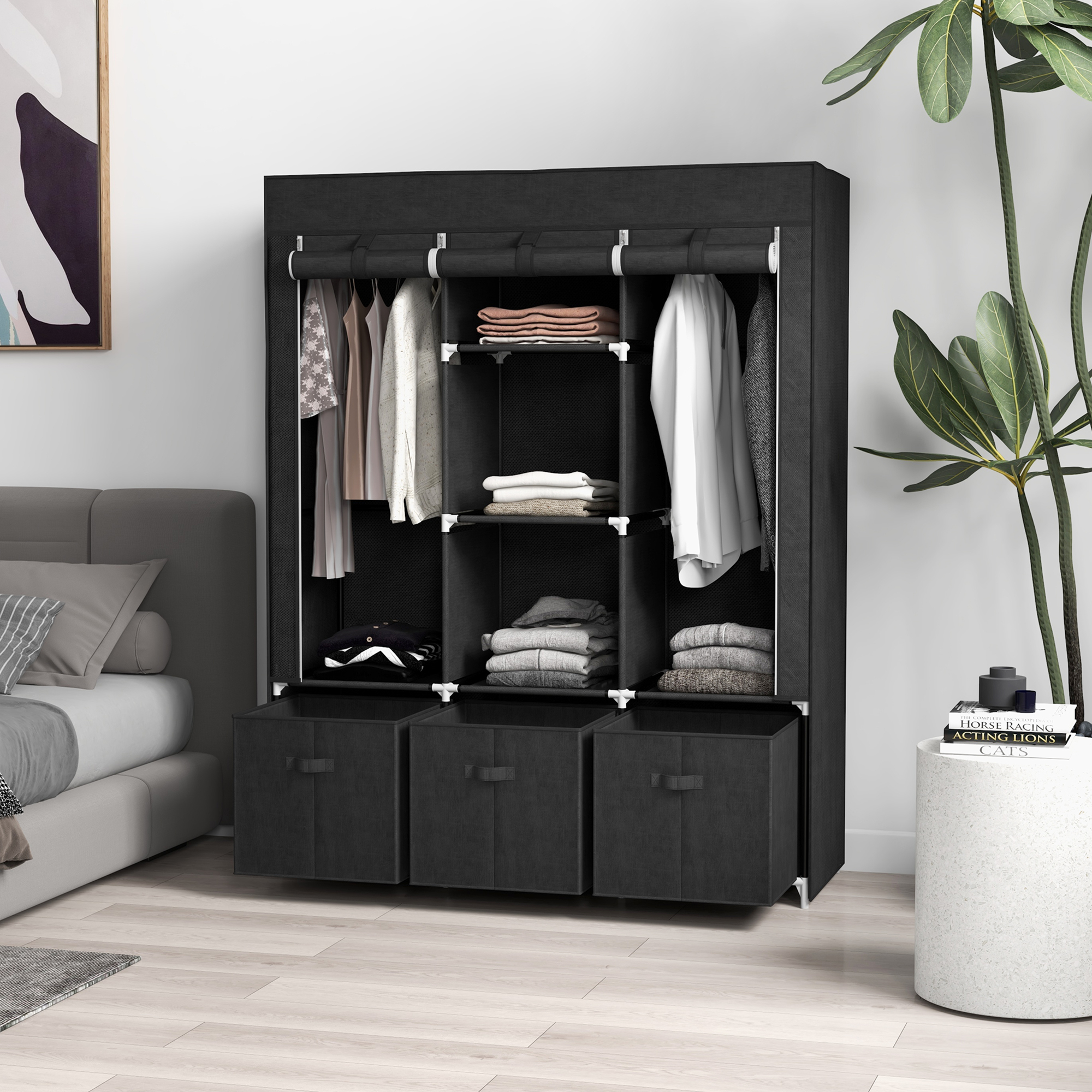 Stoffschrank aus Vlies, Faltschrank, inkl. 3 Schubladen, 125 cm x 43 cm x 162,5 cm, Schwarz