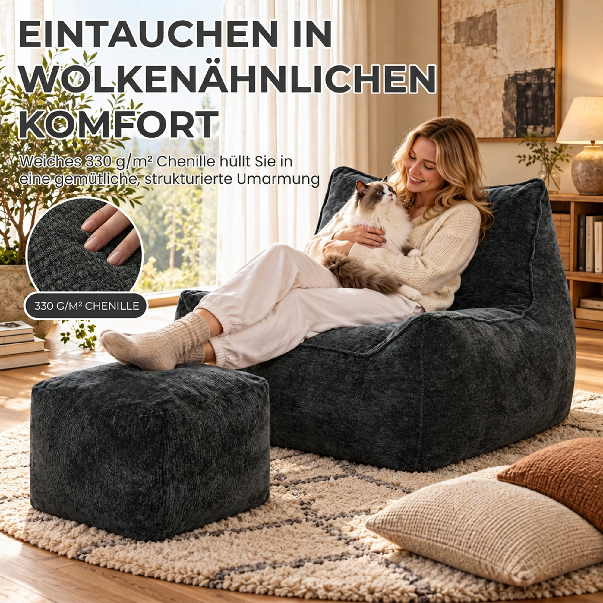 Bodensessel mit Ottoman, rahmenloser Cloud-Sessel aus Chenille, mit Rückenlehne und Armlehnen