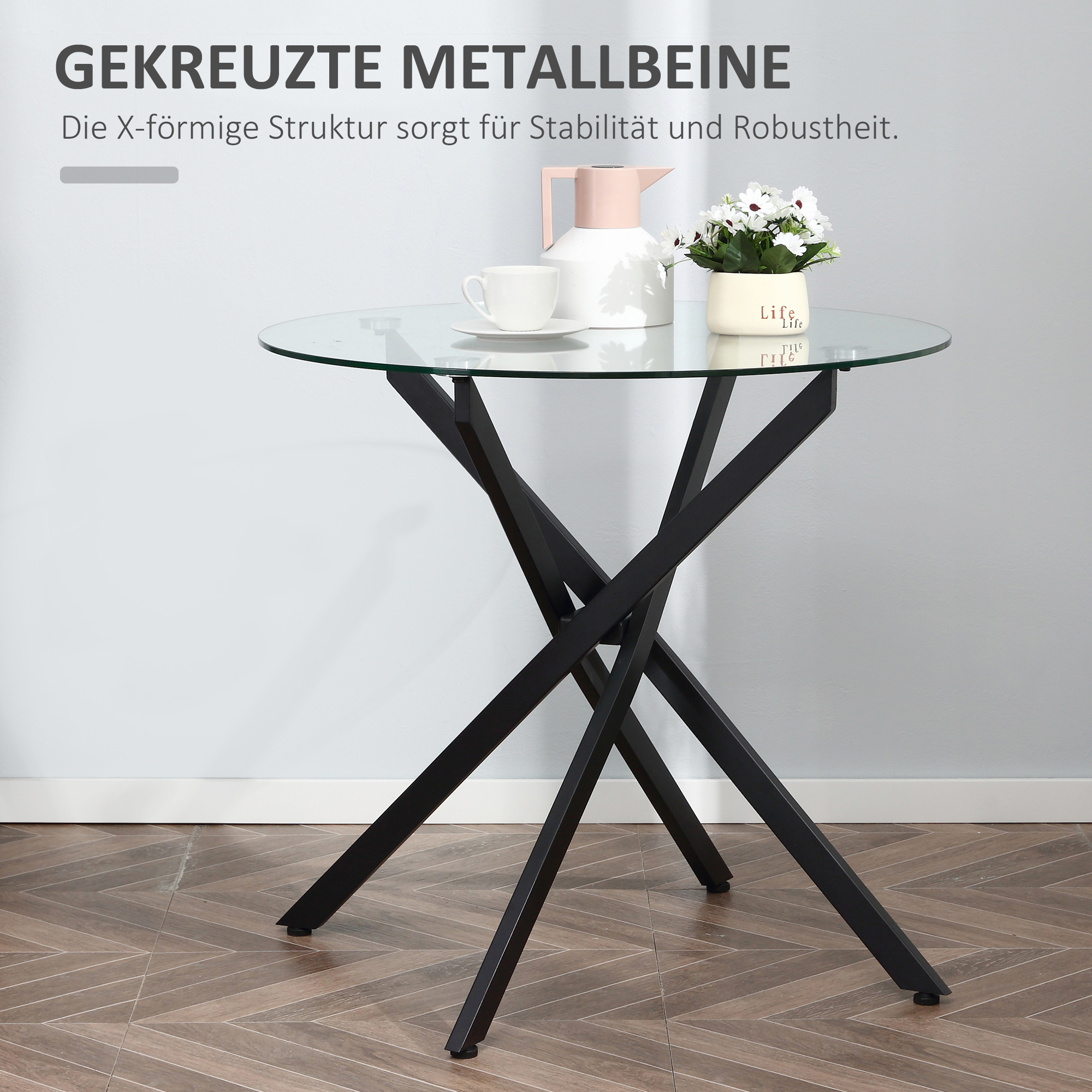 Moderner Glas-Esstisch, 80 cm Durchmesser, Küchentisch mit gehärteter Glasplatte und Metallbeinen, für 4 Personen