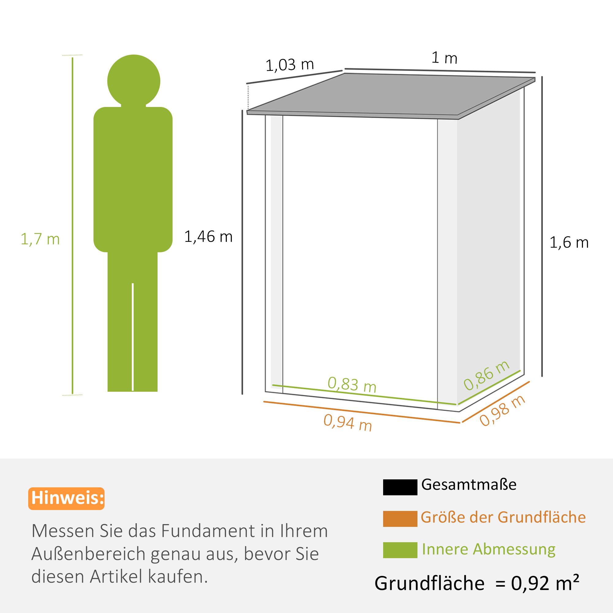 Gerätehaus Metall, Gartenschuppen mit Pultdach, Abschließbare Tür, Außenbereich, 100x103x160 cm, Grün