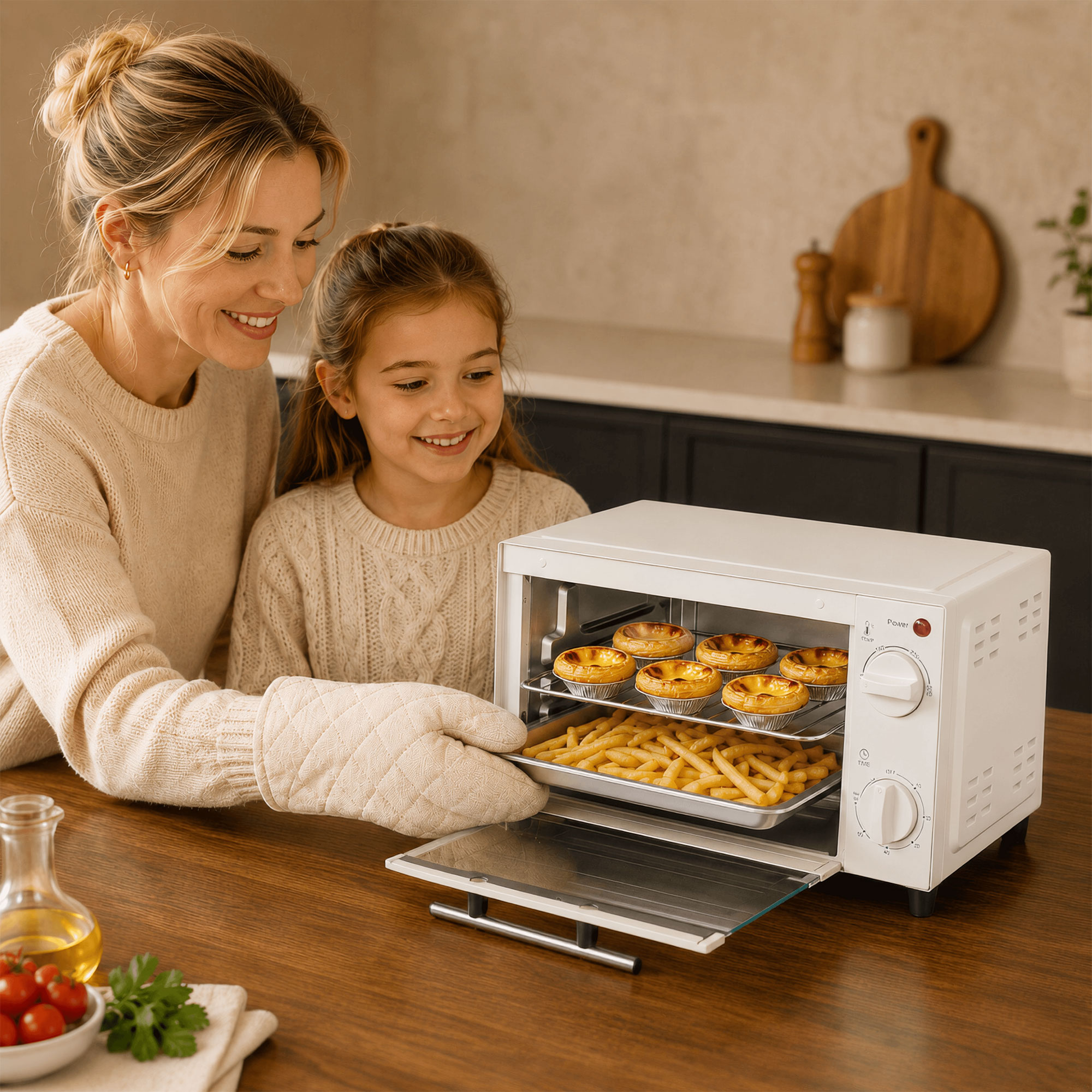 Minibackofen, 9 L Mini-Ofen mit Backblech, Grillrost, mit einstellbarer Temperatur und Garzeit, Edelstahl, Cremeweiß