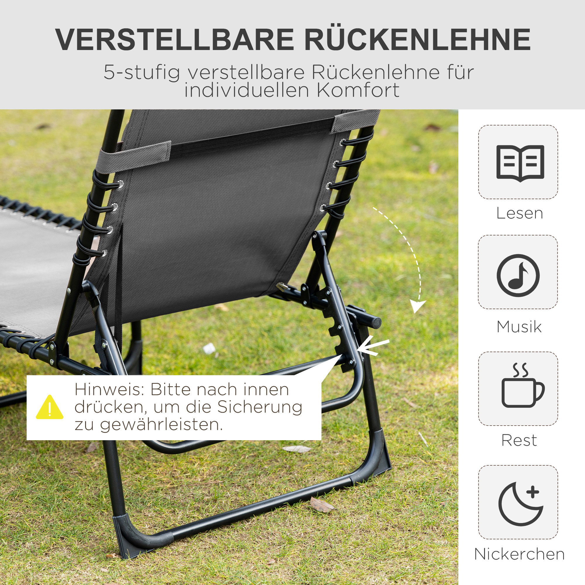 Liegestuhl, Zusammenklappbare Liege mit Nackenkissen, Stahlrahmen, Netzstoffbezug, 120 kg Belastbarkeit, Schwarz