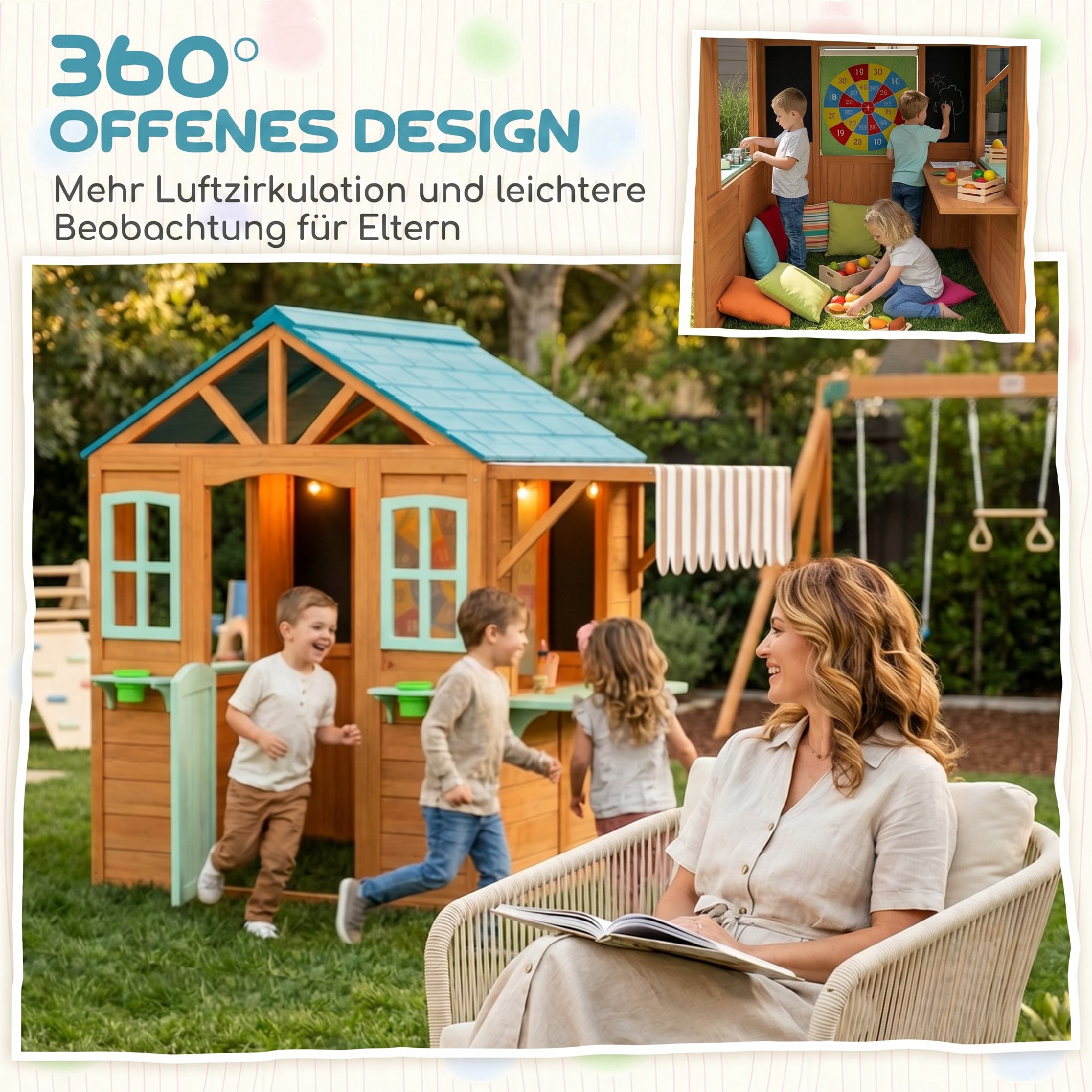 Outdoor Kinderspielhaus mit Verkaufstheke Pflanzenkasten Kreidetafel Zieltuch 4 Ball 142 x 120 x 141,5 cm Mehrfarbig