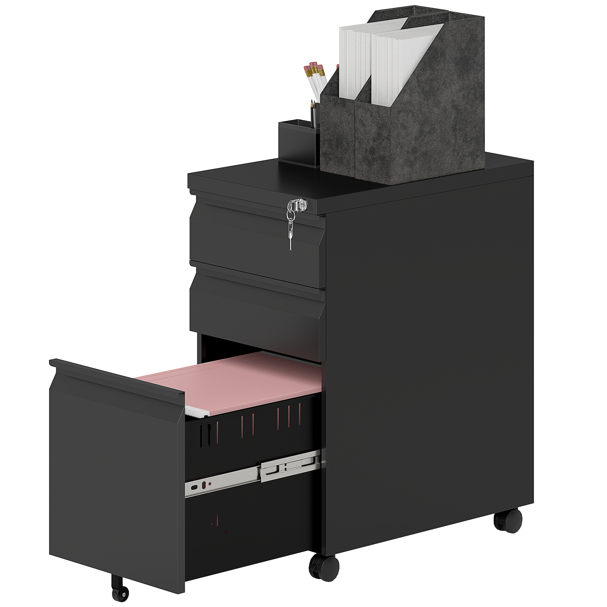 Aktenschrank aus Metall, Büroschrank, 3 Schubladen, rollbar, Schwarz Aktenschrank aus Metall, Büroschrank, 3 Schubladen, rollbar, Schwarz