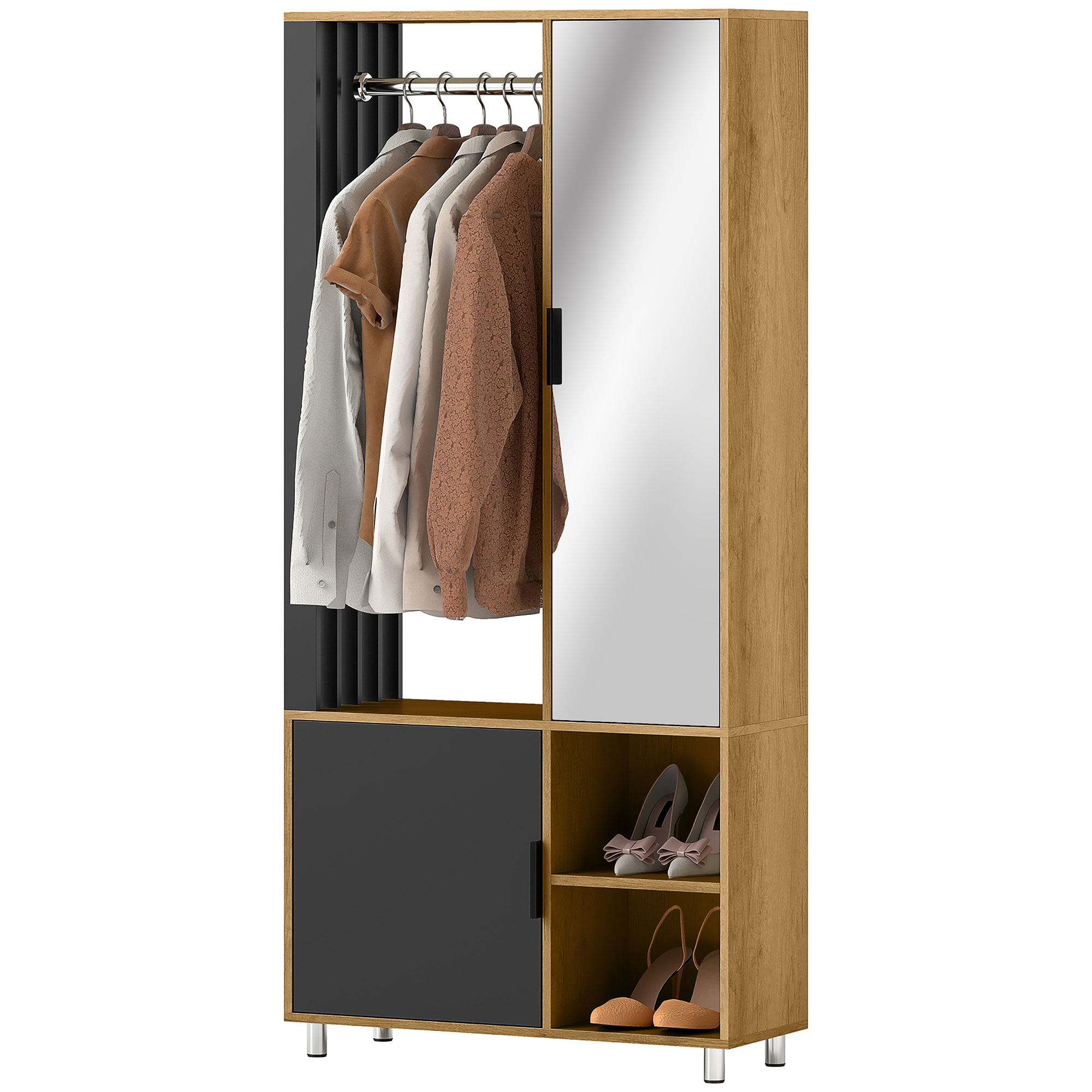 Kleiderschrank mit Spiegel und Hängestange, Aufbewahrungsfächer, offene Ablageflächen, Naturholz, Schwarz