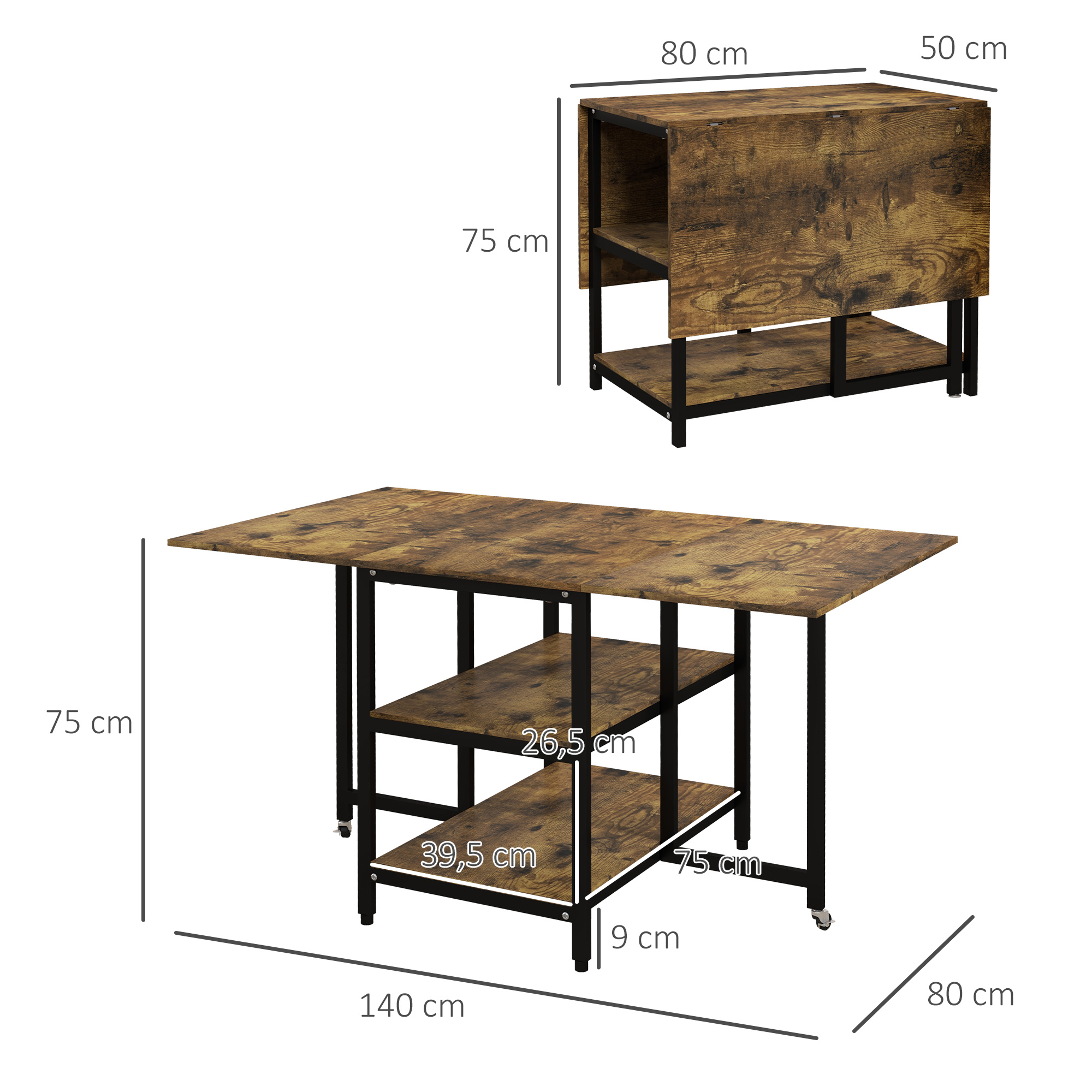 Esstisch Klapptisch klappbarer Esstisch, Industriedesign, 140 cm x 80 cm x 75 cm, Braun + Schwarz