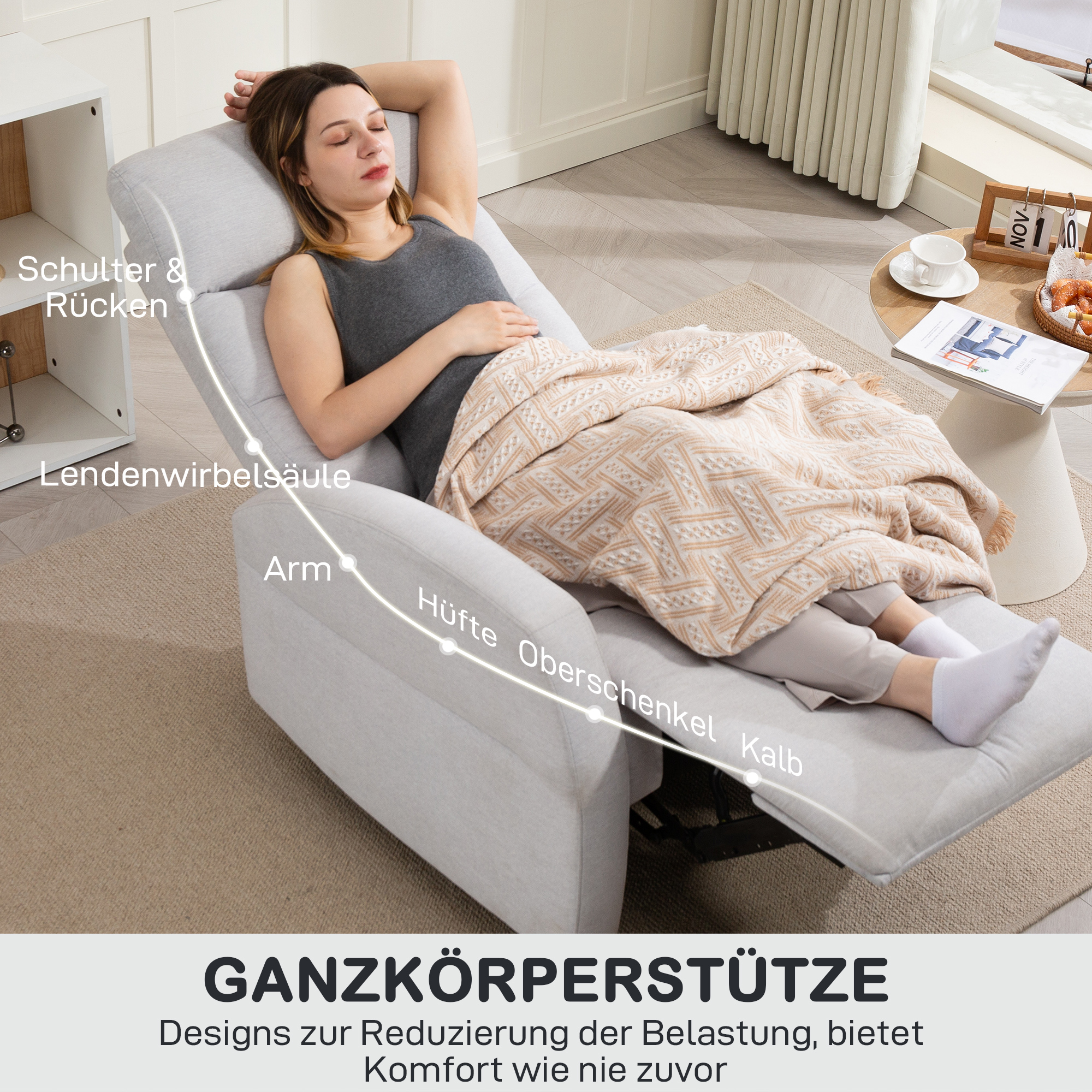 verstellbarer Relaxsessel mit Fußstütze, Moderner Polstersessel, Hellgrau