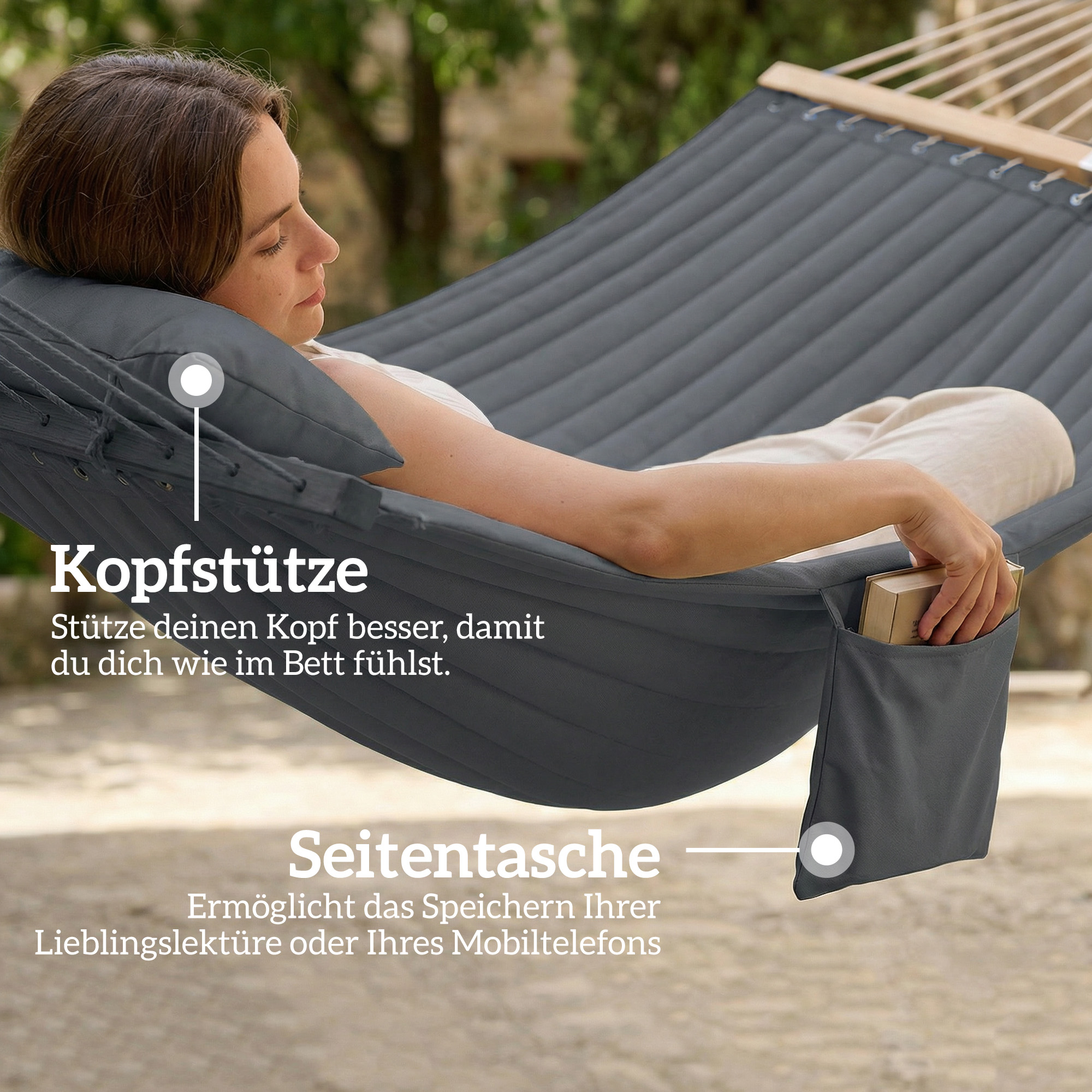 Hängematte Outdoor 200x140cm, zweilagig Hängematte mit Kopfstütze Magazintasche Holzstäbe bis 200kg