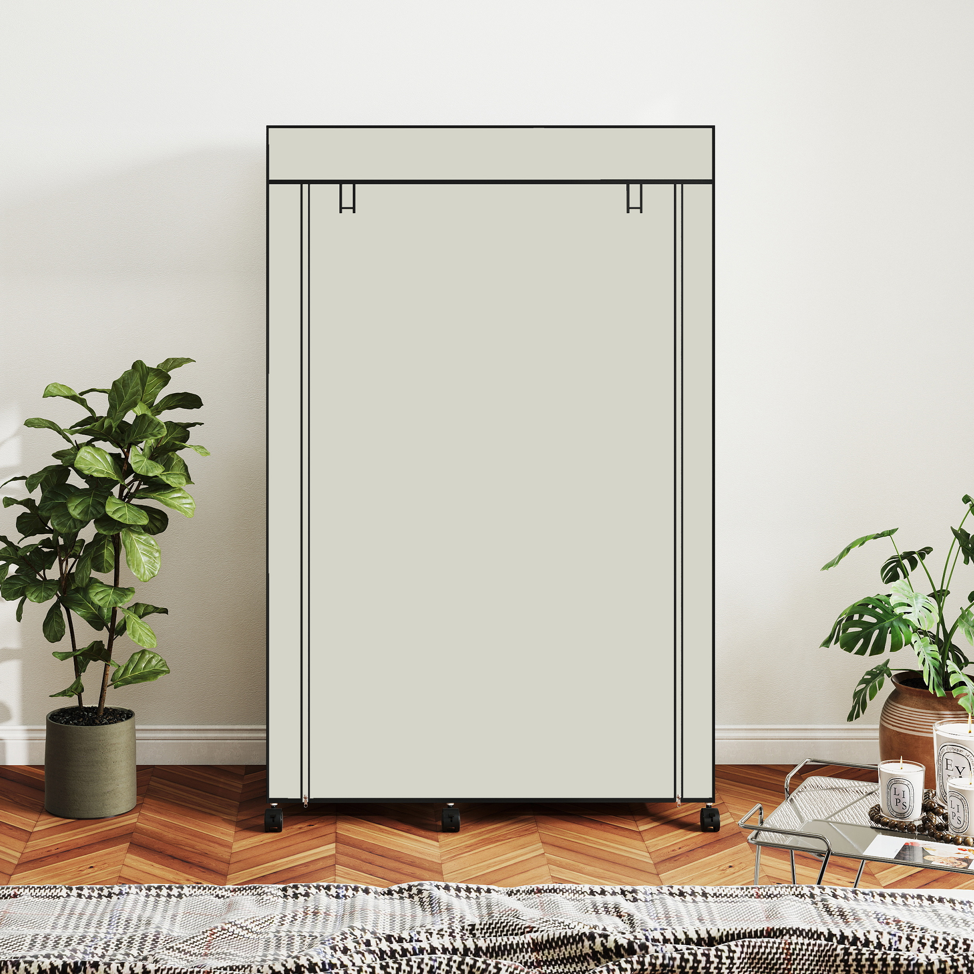 Schrank aus Stoff, Aufbewahrungslösung, 6 Regale, 1 Kleiderstange, Creme