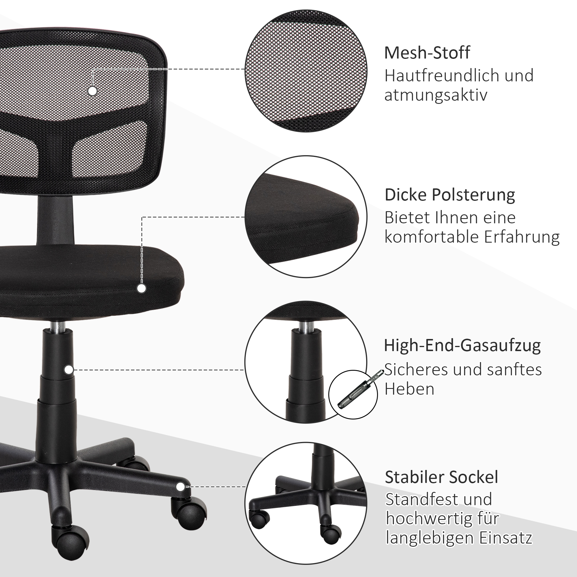 Bürostuhl Ergonomischer Schreibtischstuhl, Höhenverstellbarer Drehstuhl, Platzsparend Schwarz