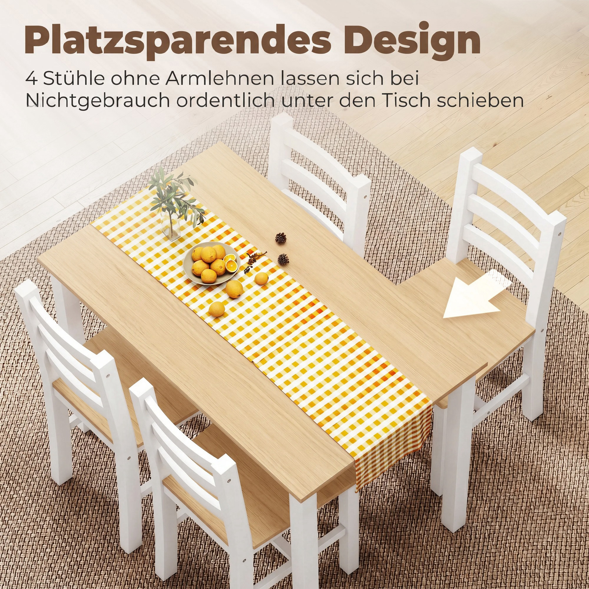 5-teiliges Essgruppe für 4 Personen, Landhaus-Esstisch und Stühle aus Massivholz, Natur/Weiß