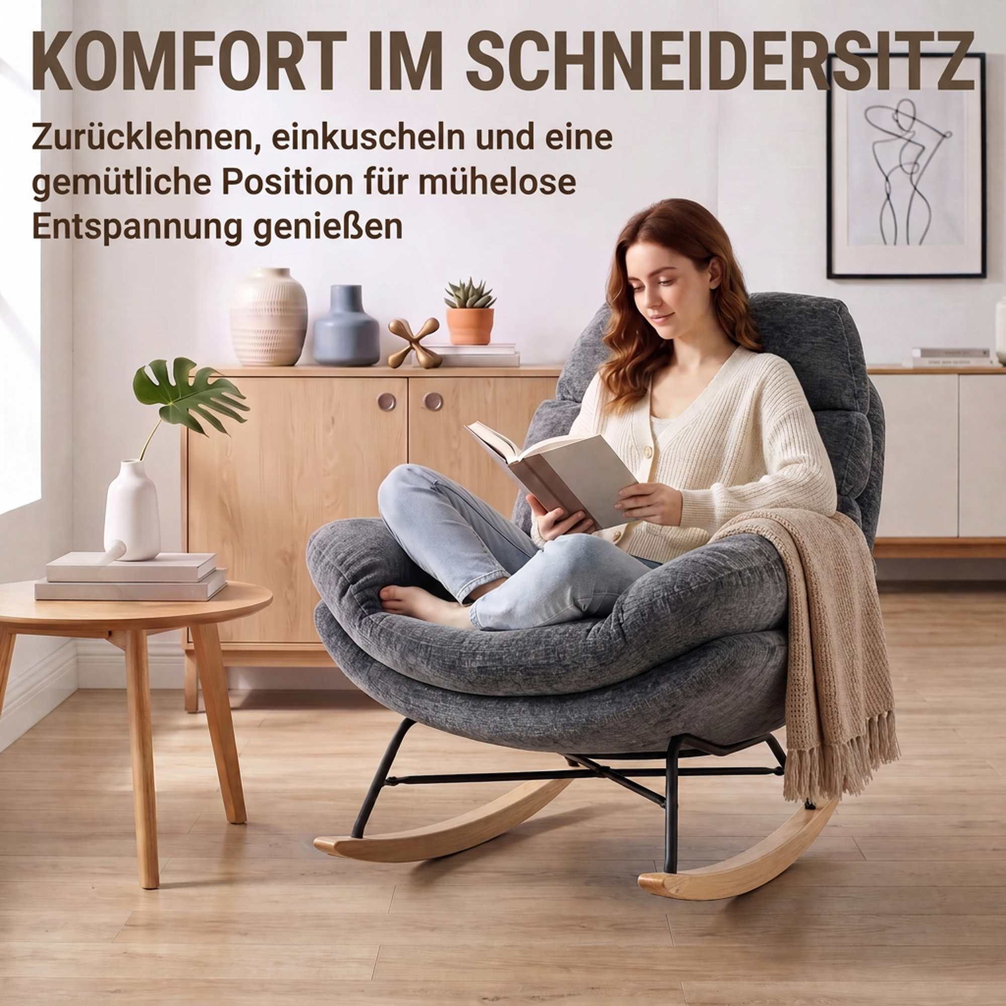 Schaukelstuhl in Chenille, Sessel zum Sitzen im Schneidersitz mit 2-Lagen-Kissen, weicher Rückenlehne, Kautschukholz-Untergestell, Dunkelgrau
