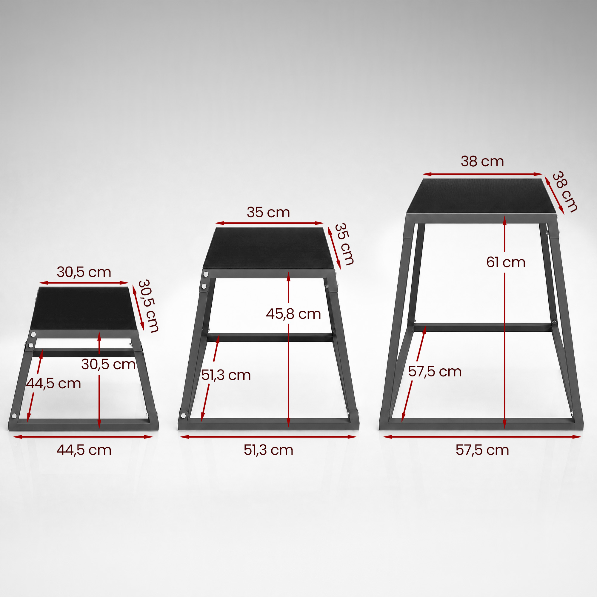 Plyometrische Sprungboxen 3er Set 30,5/45,8/61 cm Stapelbare Plyo Jump Box aus Stahl bis 200 kg