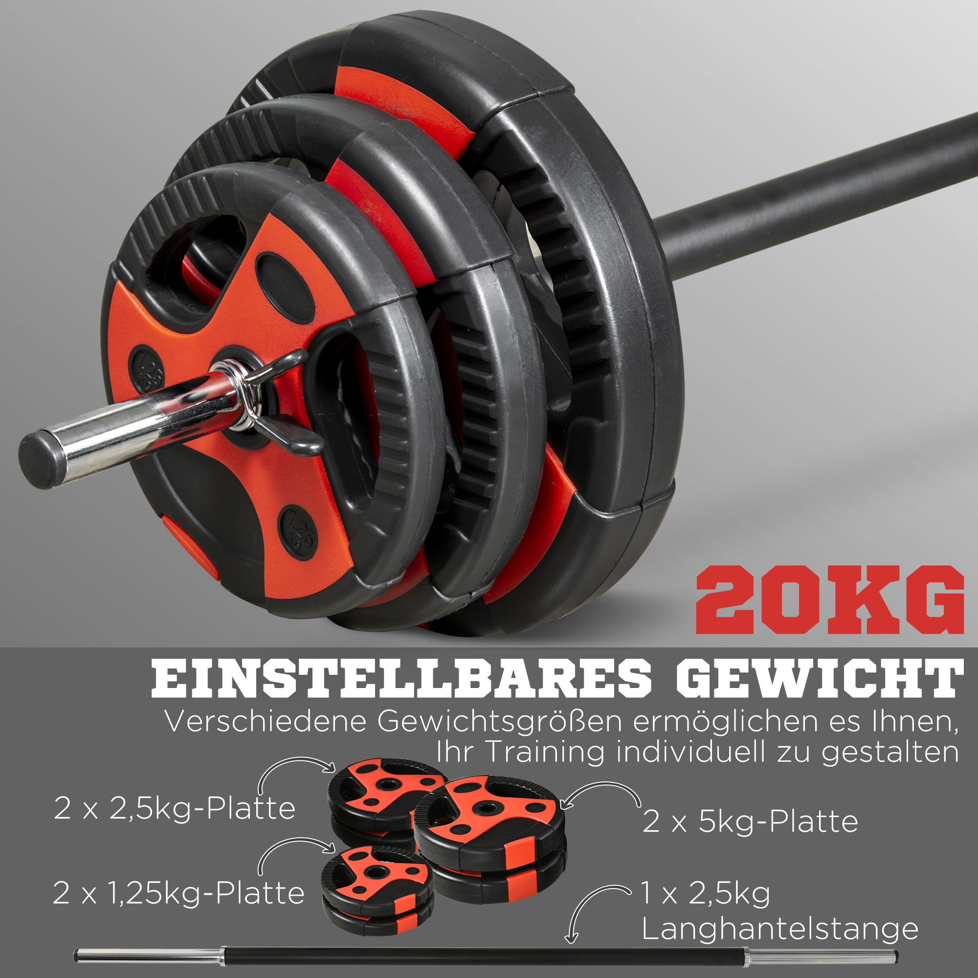 Langhantel-Set 20 kg, inkl. 6 Hantelscheiben, 2 x 5kg, 2 x 2,5kg, 2 x 1,25kg, rutschfeste Stange, schwarz+rot