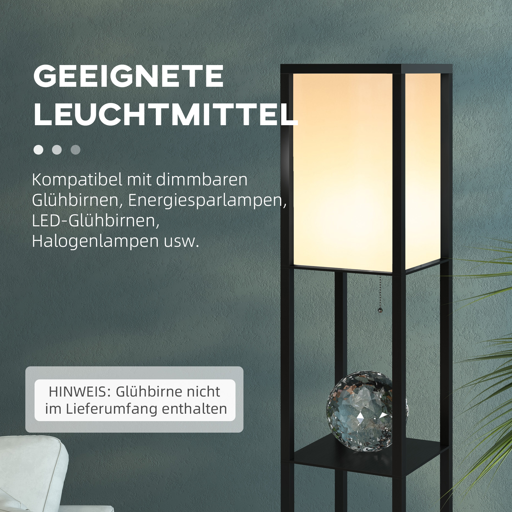 Stehlampe mit Regalen, Stehleuchte, Holz, 26 x 26 x 160 cm, für Wohn-/Schlafzimmer (Ohne Glühbirne)