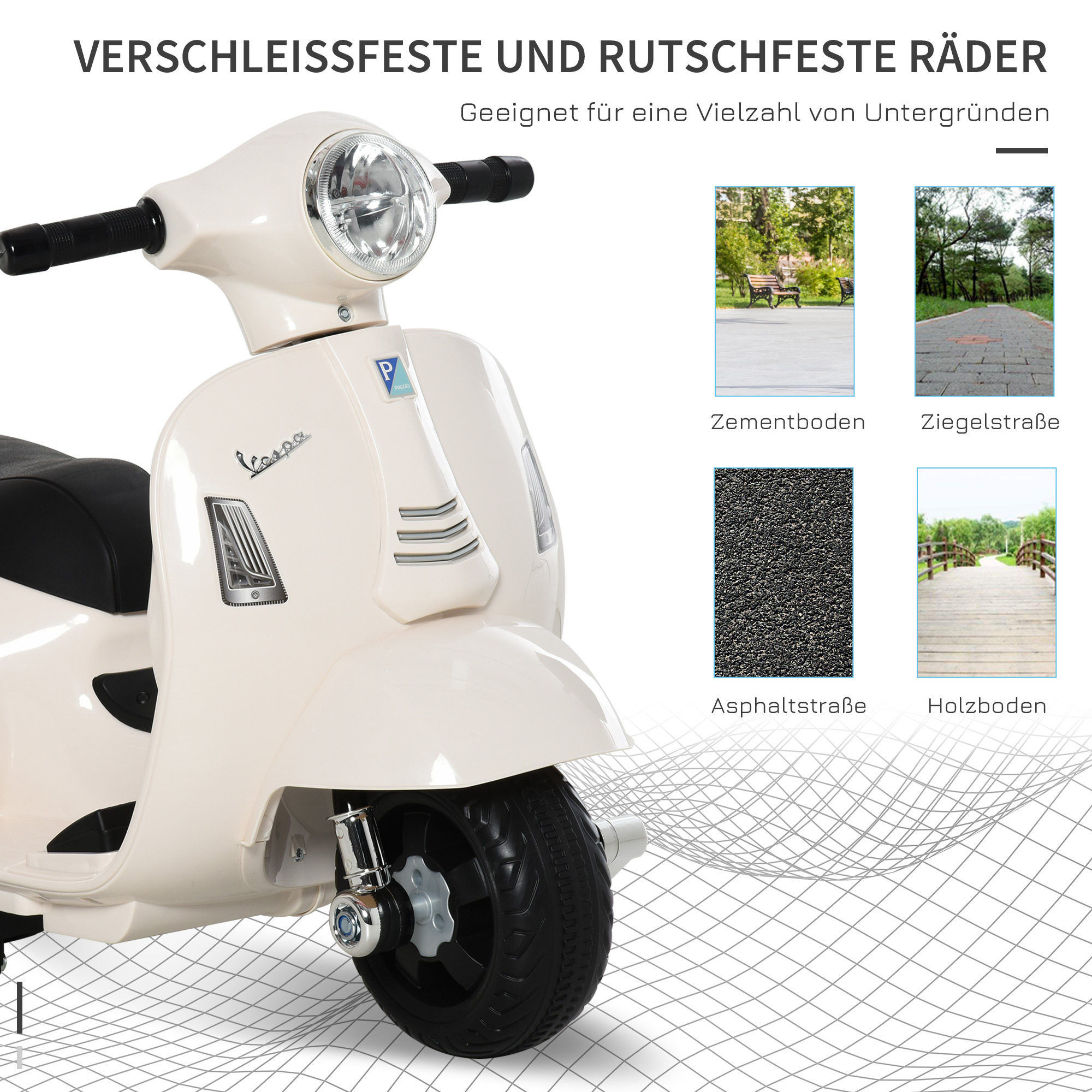 Kindermotorrad Vespa mit LED-Licht, Sound, für Kinder von 18-36 Monate, weiß